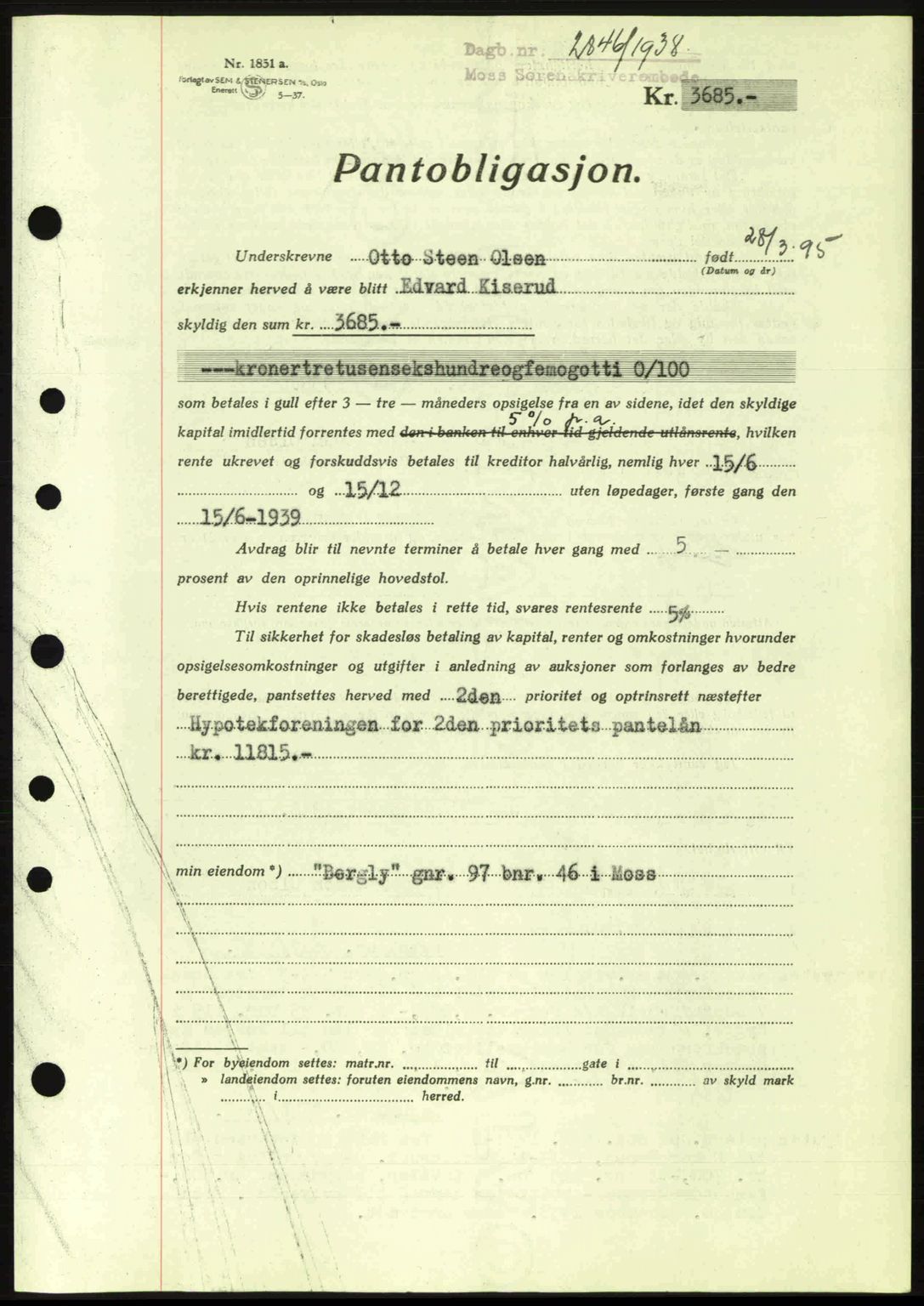 Moss sorenskriveri, SAO/A-10168: Pantebok nr. B6, 1938-1938, Dagboknr: 2846/1938