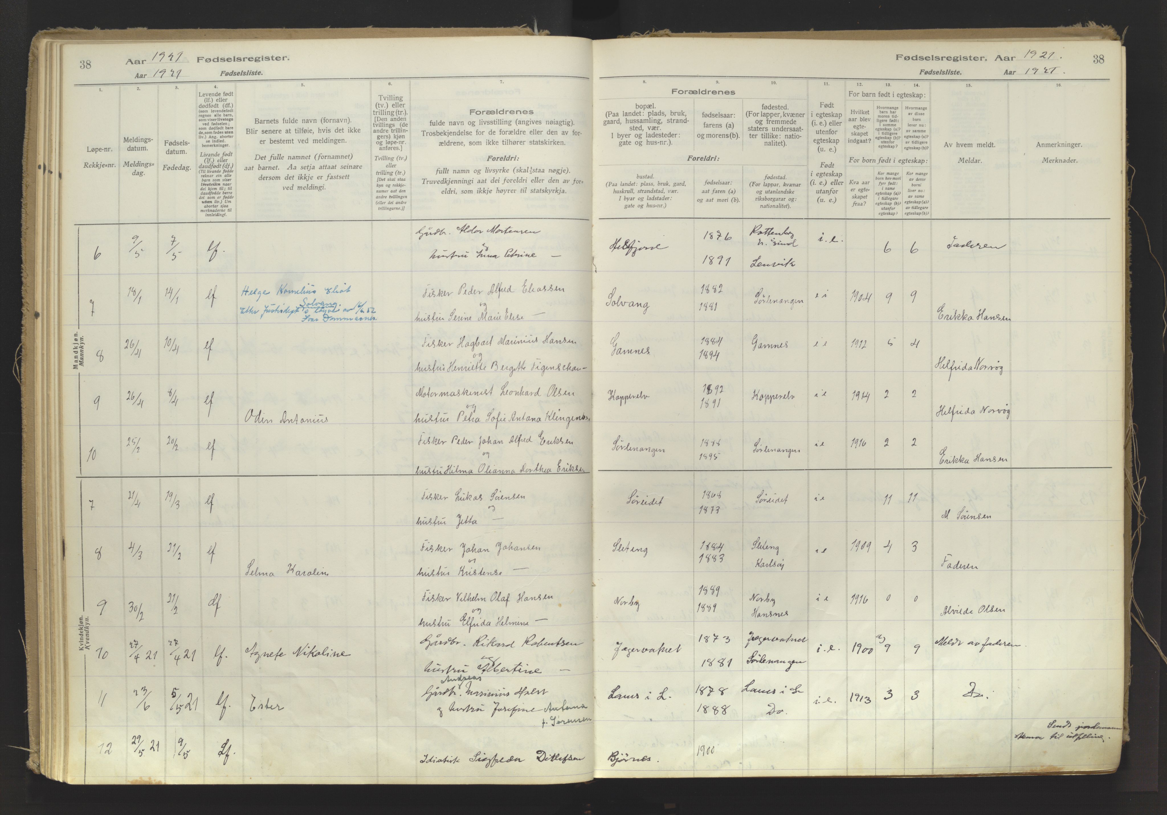 Karlsøy sokneprestembete, AV/SATØ-S-1299/I/Ic/L0064: Fødselsregister nr. 64, 1916-1943, s. 38