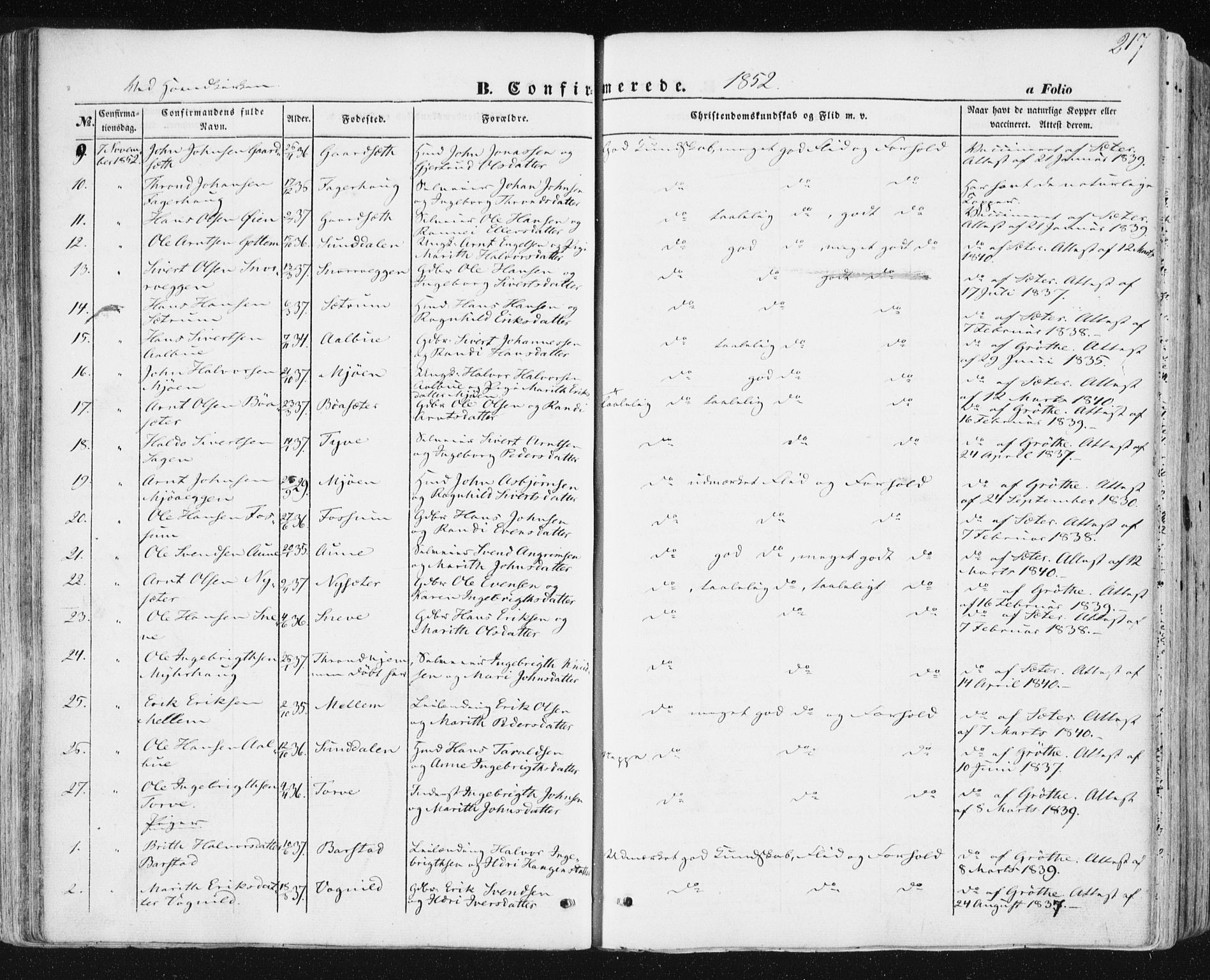 Ministerialprotokoller, klokkerbøker og fødselsregistre - Sør-Trøndelag, SAT/A-1456/678/L0899: Ministerialbok nr. 678A08, 1848-1872, s. 217