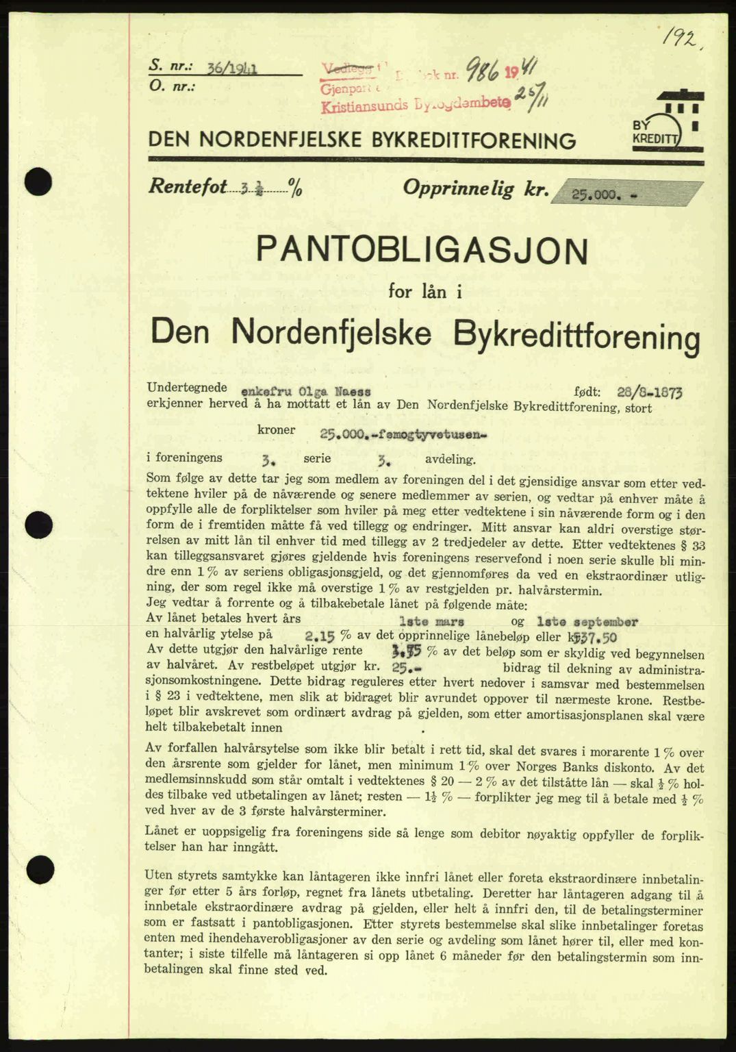 Kristiansund byfogd, AV/SAT-A-4587/A/27: Pantebok nr. 35, 1941-1942, Dagboknr: 986/1941