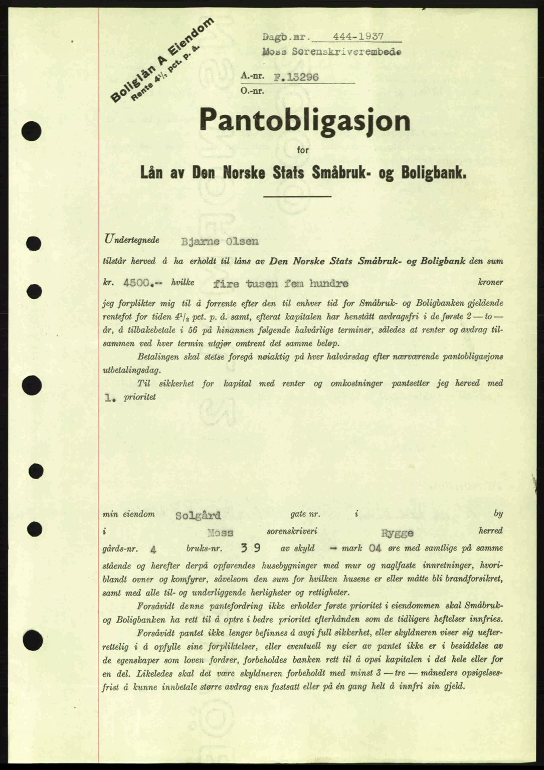 Moss sorenskriveri, SAO/A-10168: Pantebok nr. B3, 1937-1937, Dagboknr: 444/1937