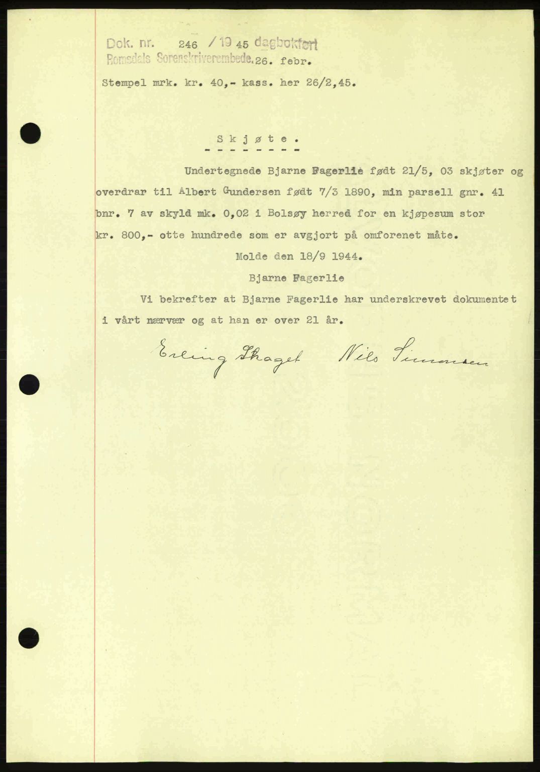 Romsdal sorenskriveri, SAT/A-4149/1/2/2C: Pantebok nr. A17, 1944-1945, Dagboknr: 246/1945
