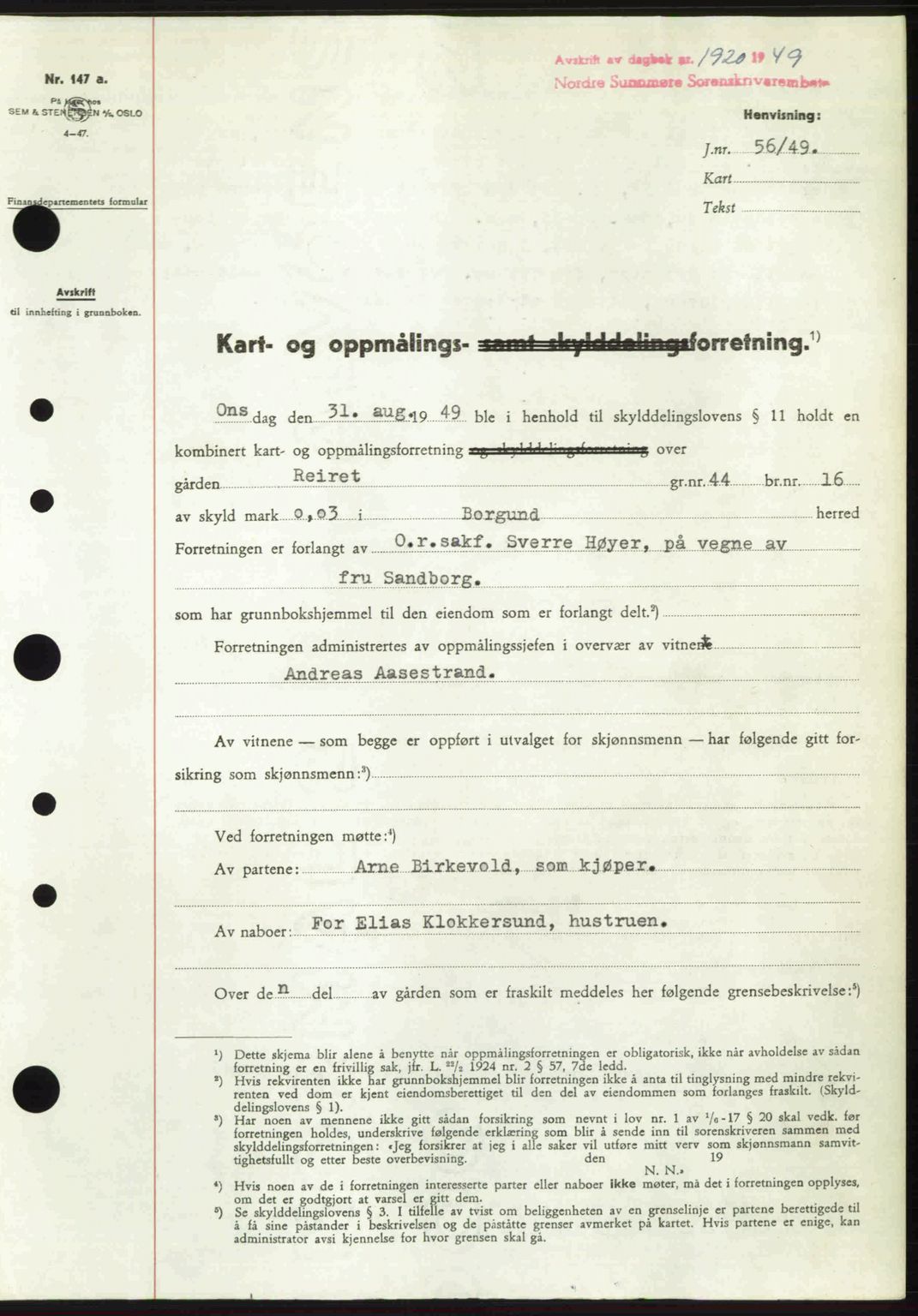 Nordre Sunnmøre sorenskriveri, SAT/A-0006/1/2/2C/2Ca: Pantebok nr. A32, 1949-1949, Dagboknr: 1920/1949