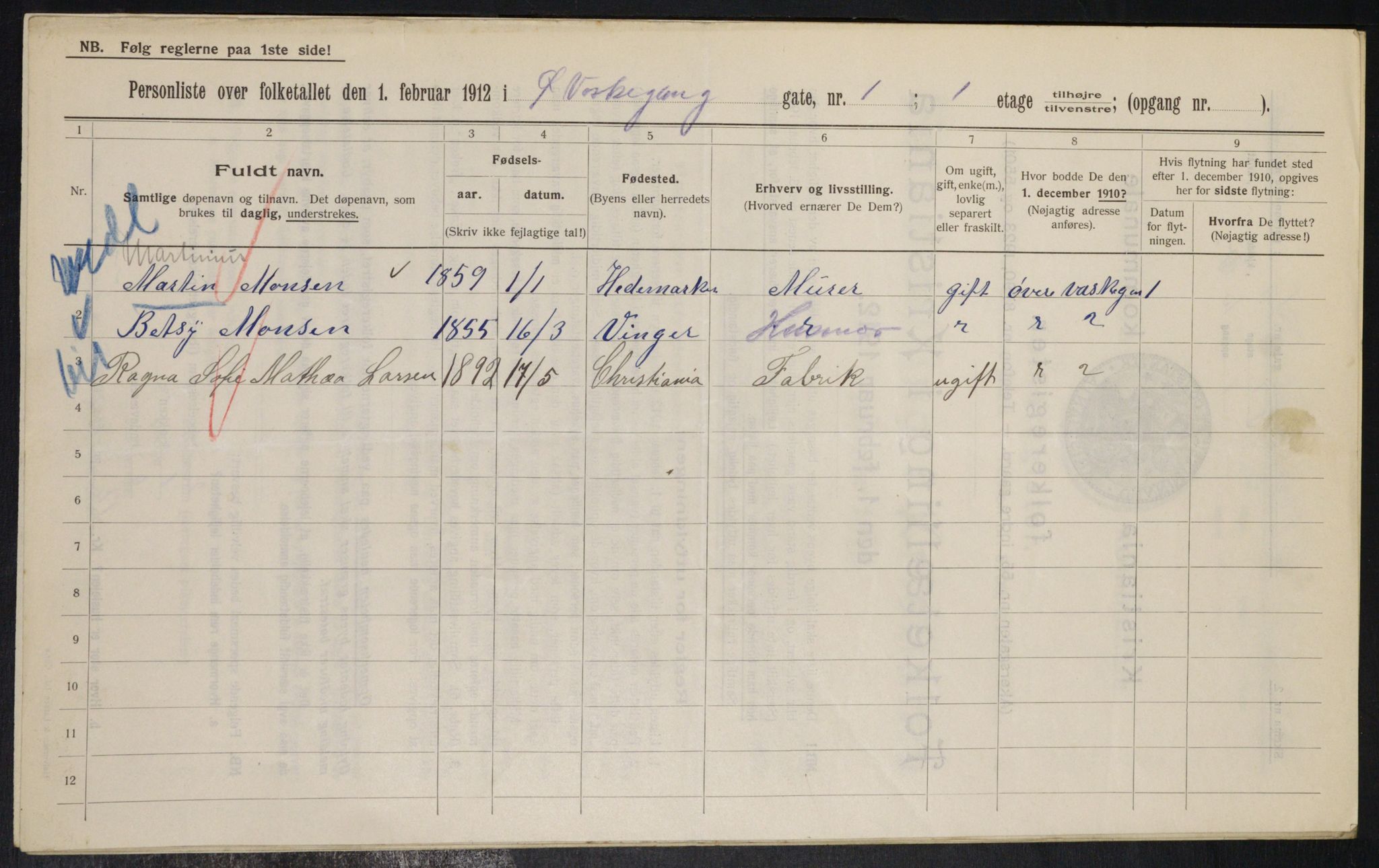 OBA, Kommunal folketelling 1.2.1912 for Kristiania, 1912, s. 130019