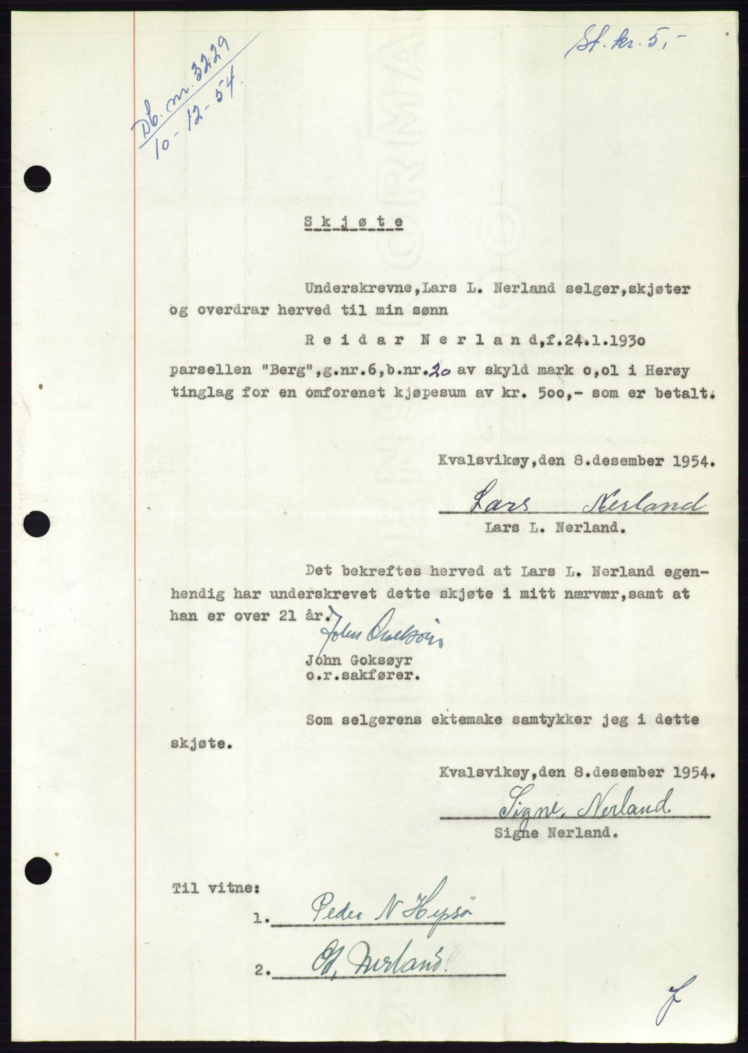 Søre Sunnmøre sorenskriveri, AV/SAT-A-4122/1/2/2C/L0099: Pantebok nr. 25A, 1954-1954, Dagboknr: 3229/1954