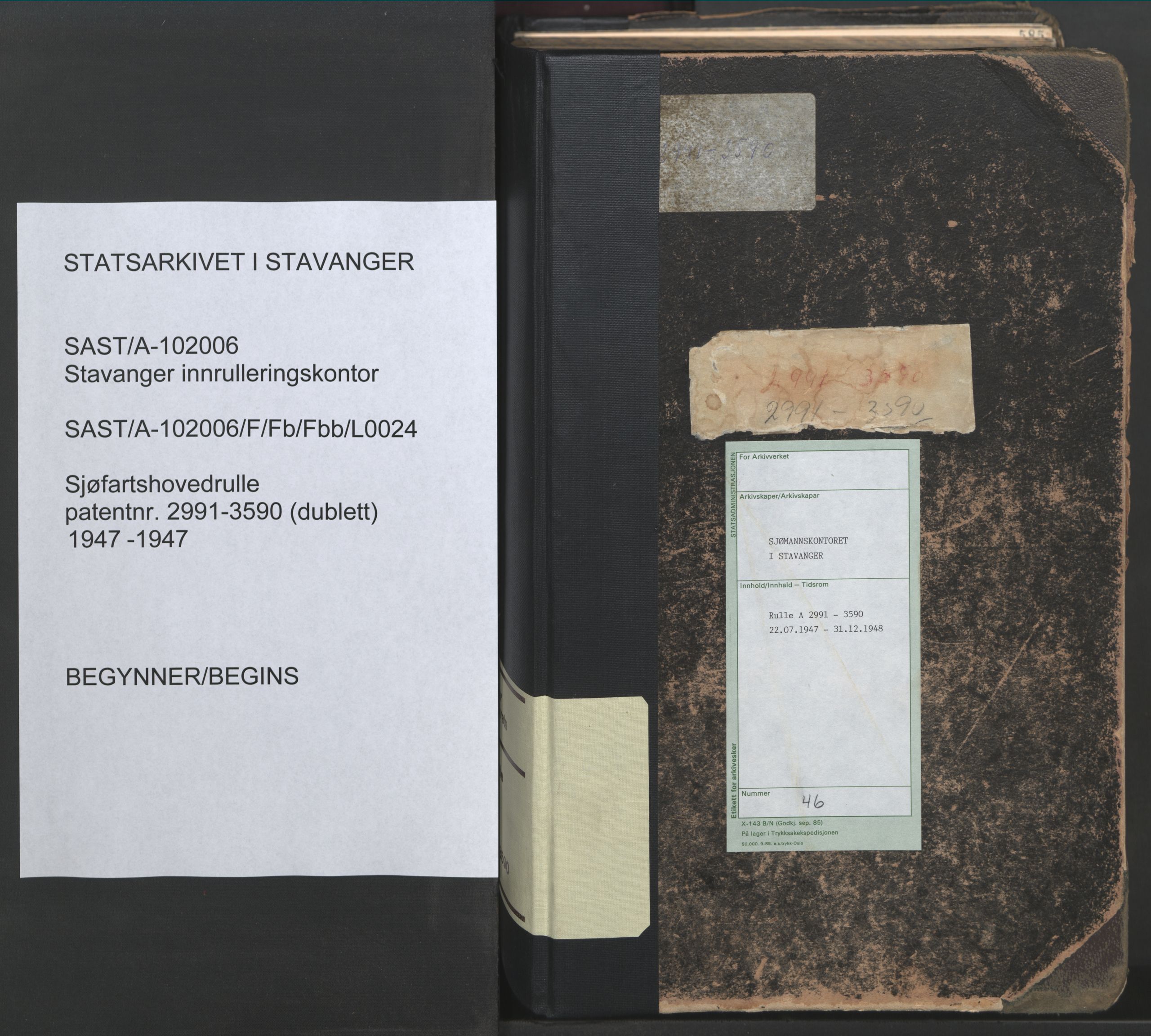 Stavanger sjømannskontor, AV/SAST-A-102006/F/Fb/Fbb/L0024: Sjøfartshovedrulle patnentnr. 2991-3590 (dublett), 1947, s. 1