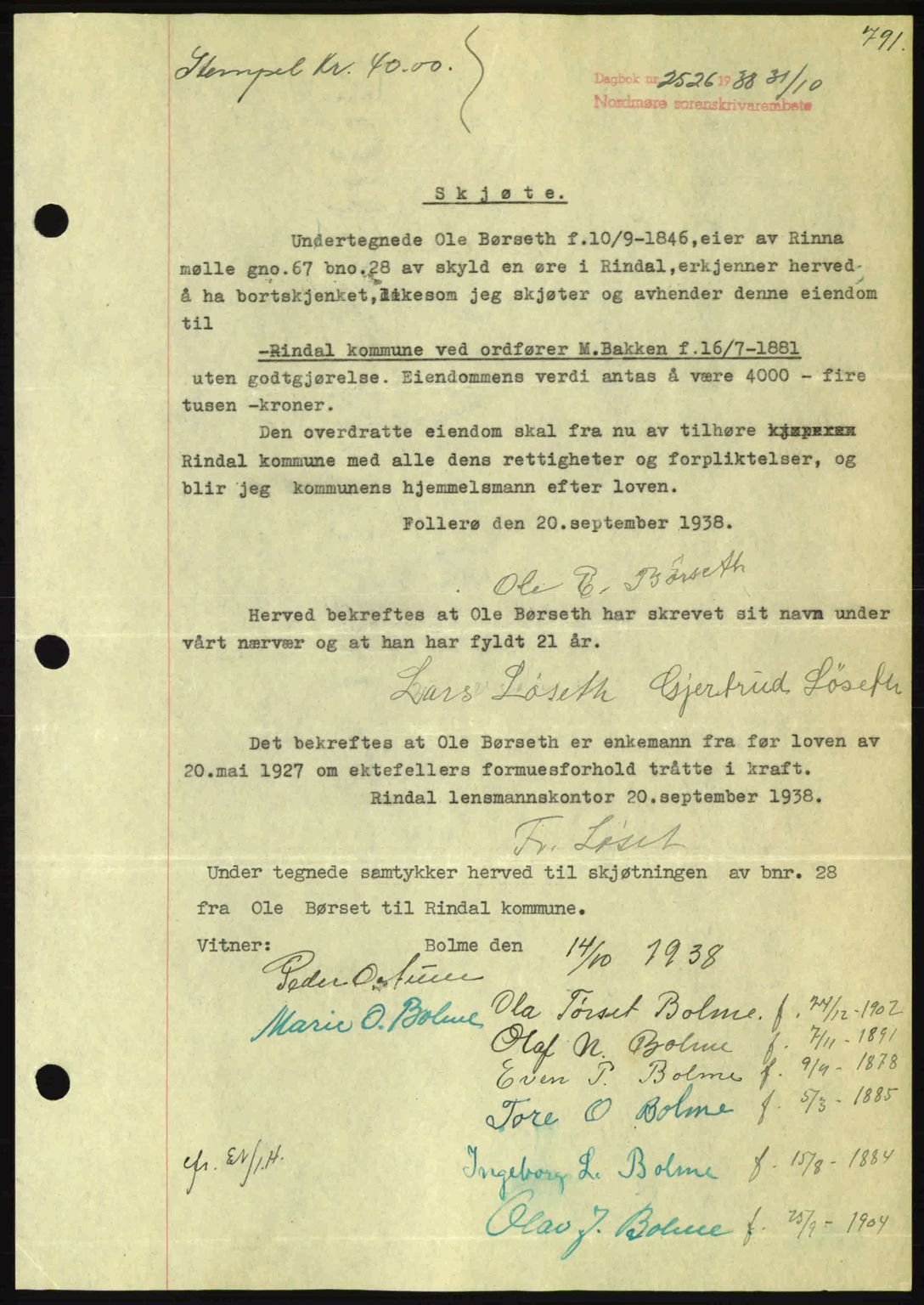 Nordmøre sorenskriveri, SAT/A-4132/1/2/2Ca: Pantebok nr. A84, 1938-1938, Dagboknr: 2526/1938