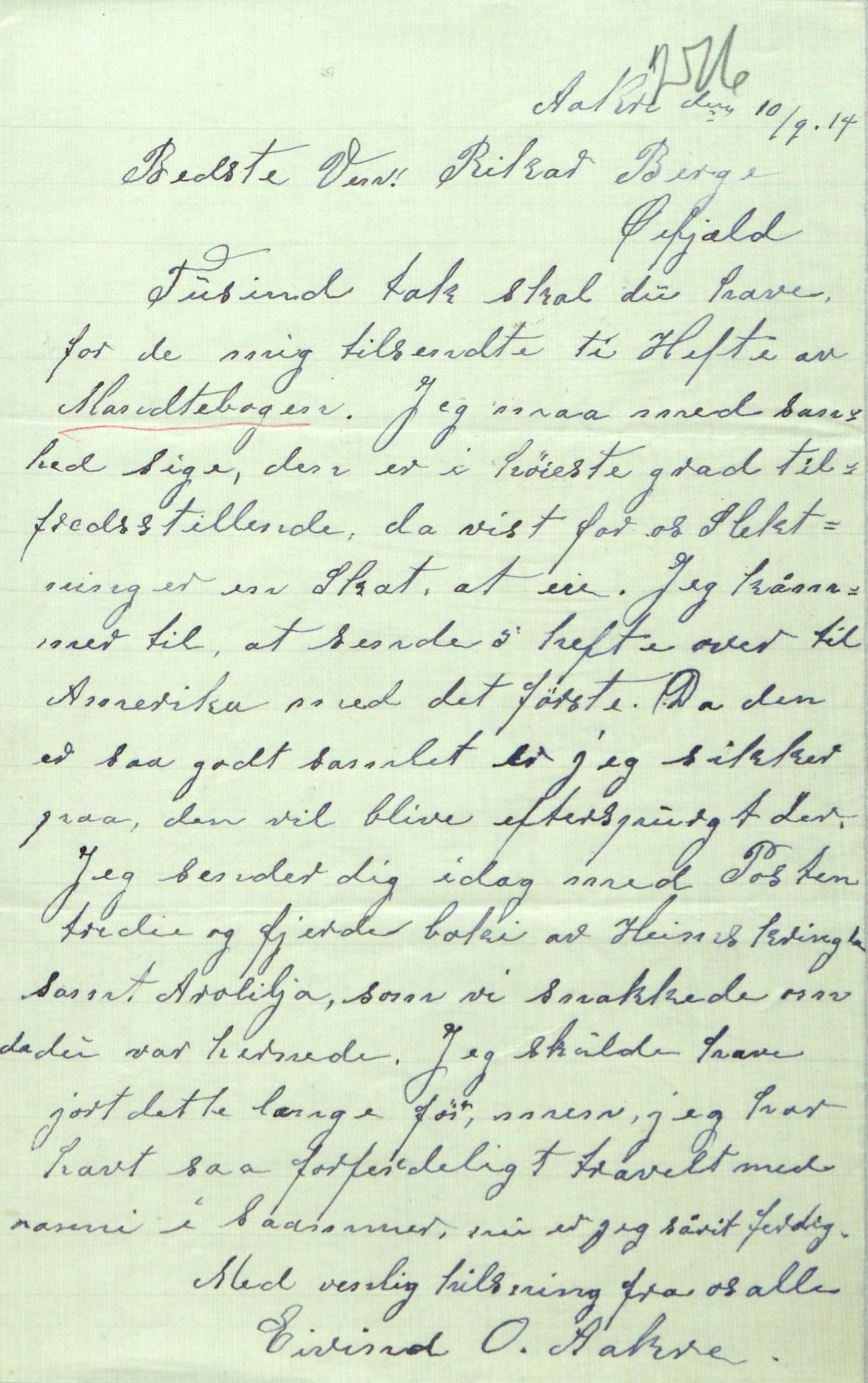 Rikard Berge, TEMU/TGM-A-1003/F/L0005/0003: 160-200 / 162 Sagn, viser, fortellinger, rosemåling, treskurd. Brev, bl.a. til R. B. fra Olav O. Vinje, Amerika, s. 276