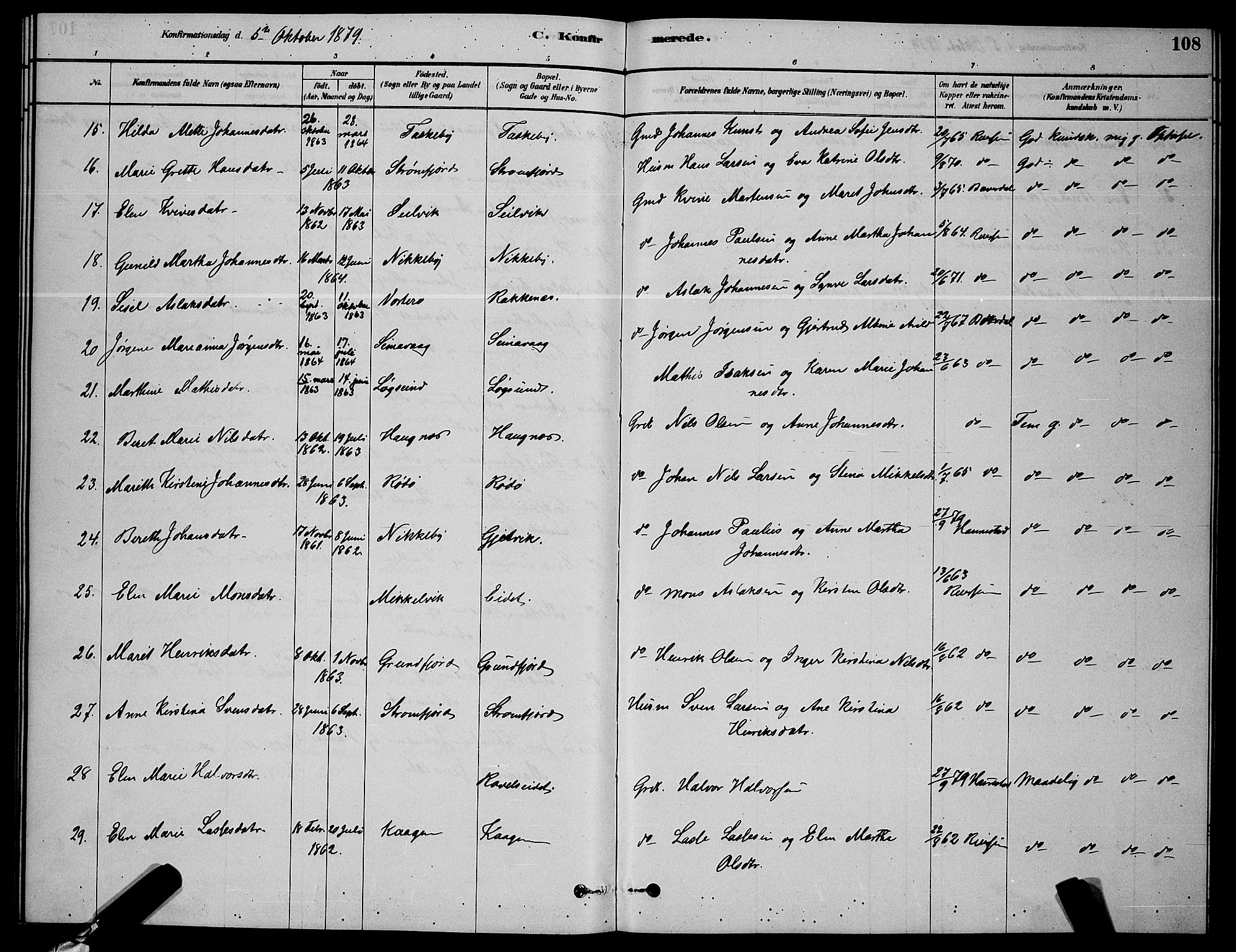 Skjervøy sokneprestkontor, AV/SATØ-S-1300/H/Ha/Hab/L0006klokker: Klokkerbok nr. 6, 1878-1888, s. 108