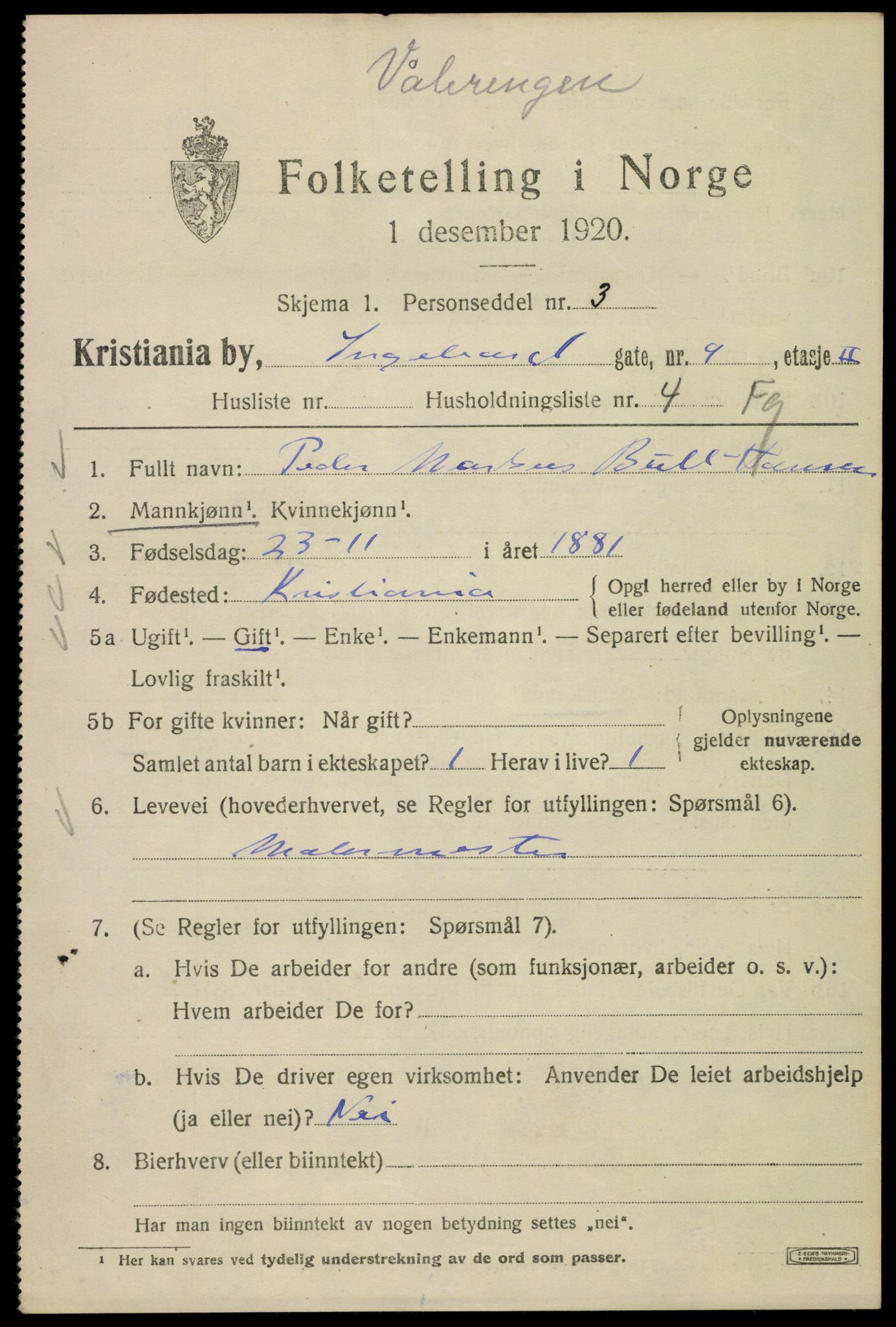 SAO, Folketelling 1920 for 0301 Kristiania kjøpstad, 1920, s. 309559