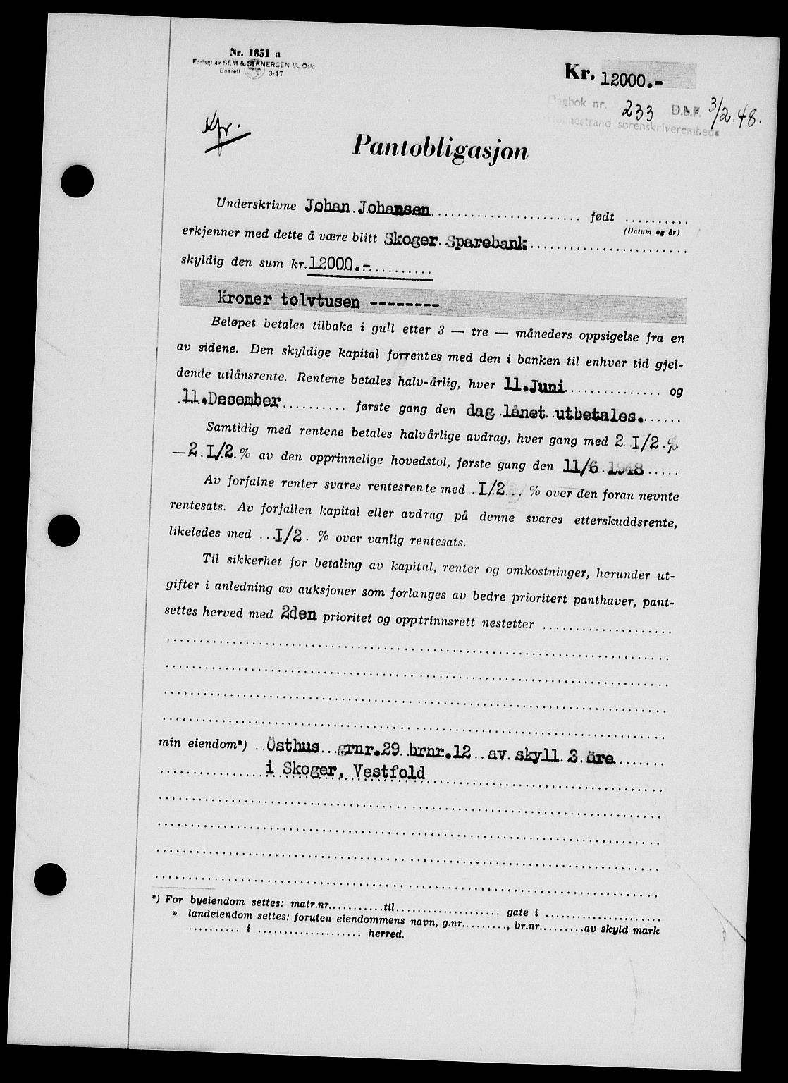 Holmestrand sorenskriveri, SAKO/A-67/G/Ga/Gab/L0058: Pantebok nr. B-58, 1947-1948, Dagboknr: 233/1948