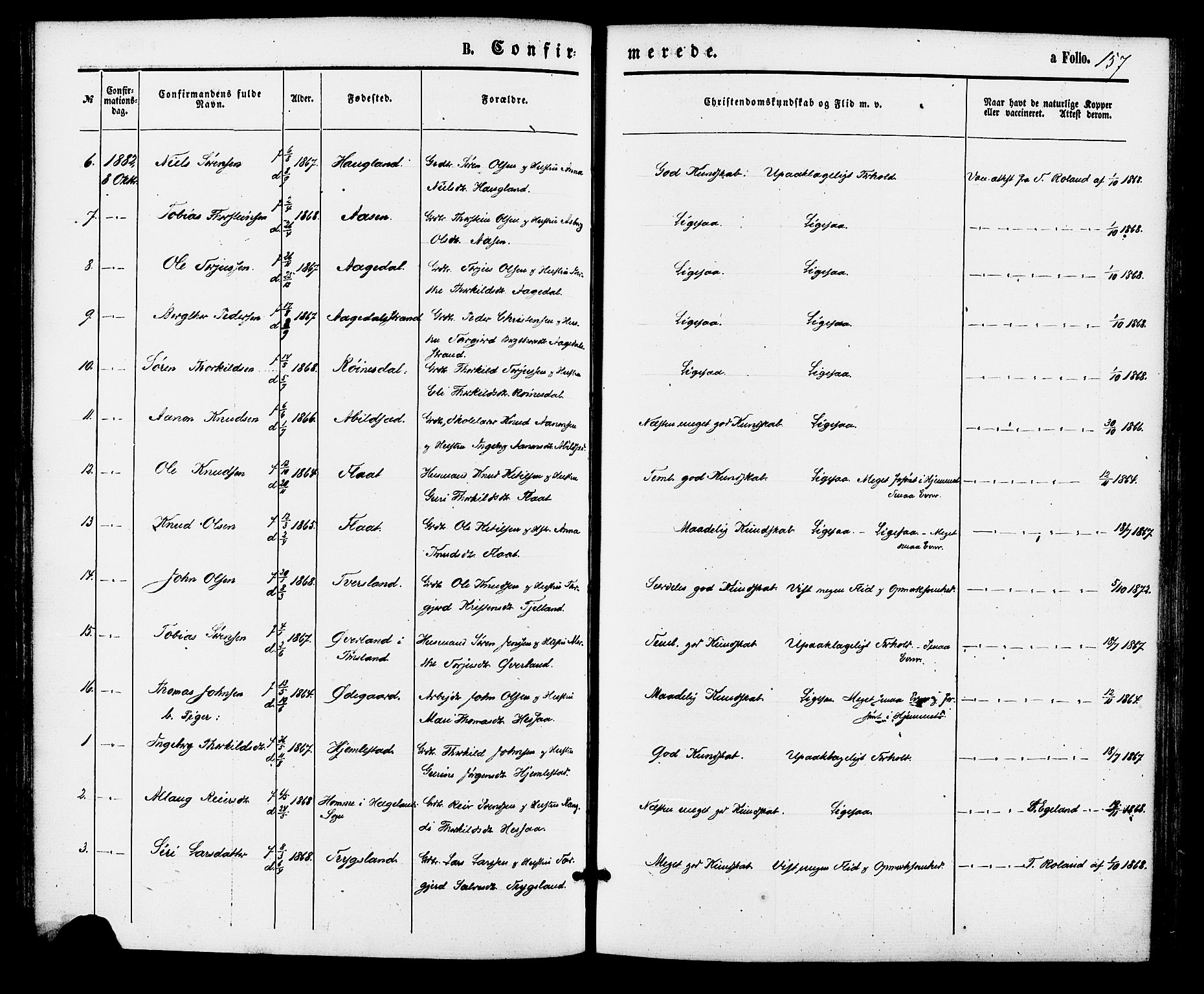 Bjelland sokneprestkontor, AV/SAK-1111-0005/F/Fa/Faa/L0003: Ministerialbok nr. A 3, 1867-1887, s. 157