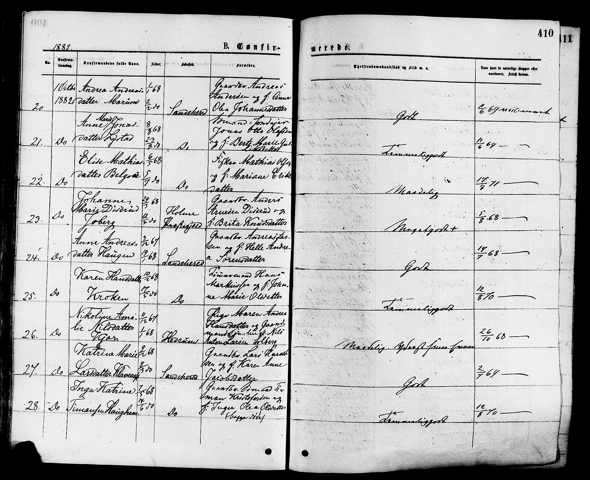 Sandar kirkebøker, AV/SAKO-A-243/F/Fa/L0010: Ministerialbok nr. 10, 1872-1882, s. 410