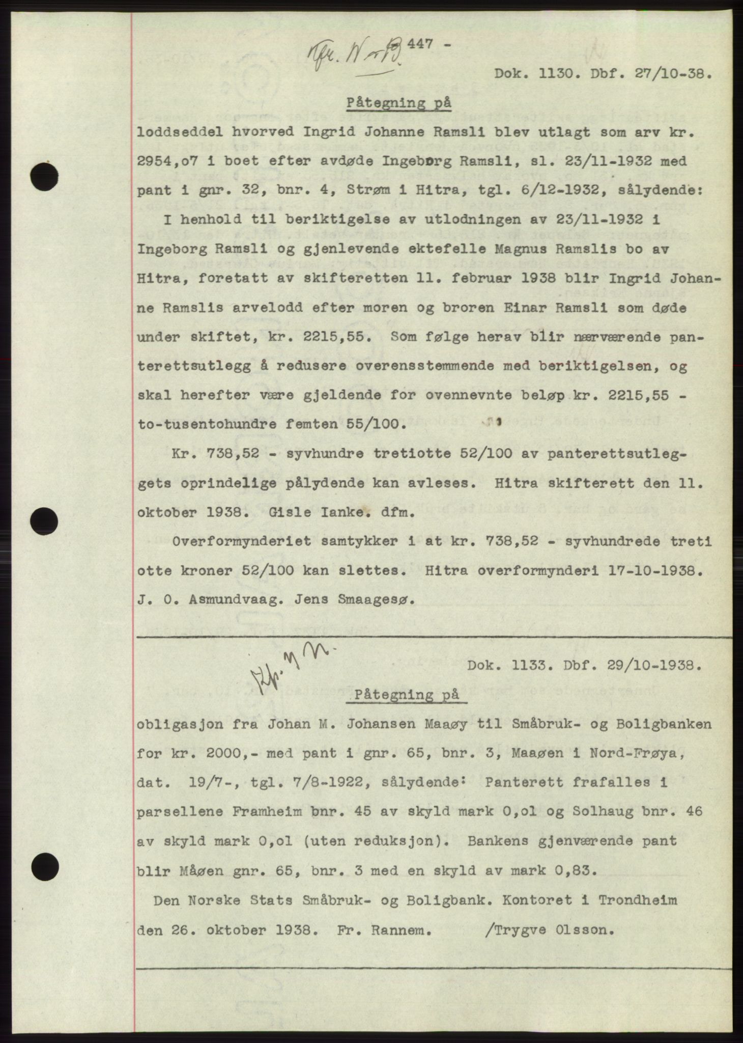 Hitra sorenskriveri, AV/SAT-A-0018/2/2C/2Ca: Pantebok nr. C1, 1936-1945, Dagboknr: 1130/1938