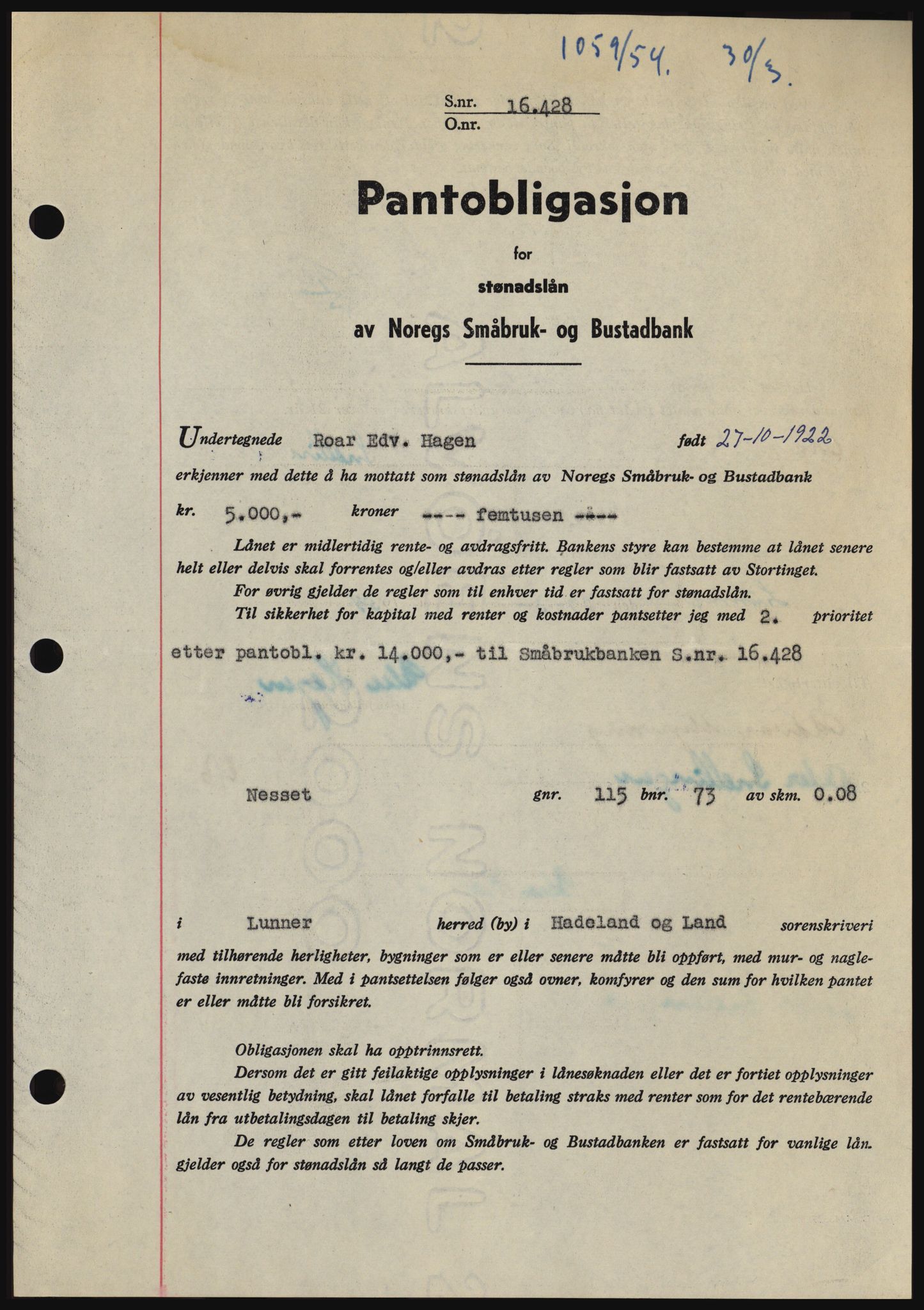 Hadeland og Land tingrett, SAH/TING-010/H/Hb/Hbc/L0029: Pantebok nr. B29, 1954-1954, Dagboknr: 1059/1954