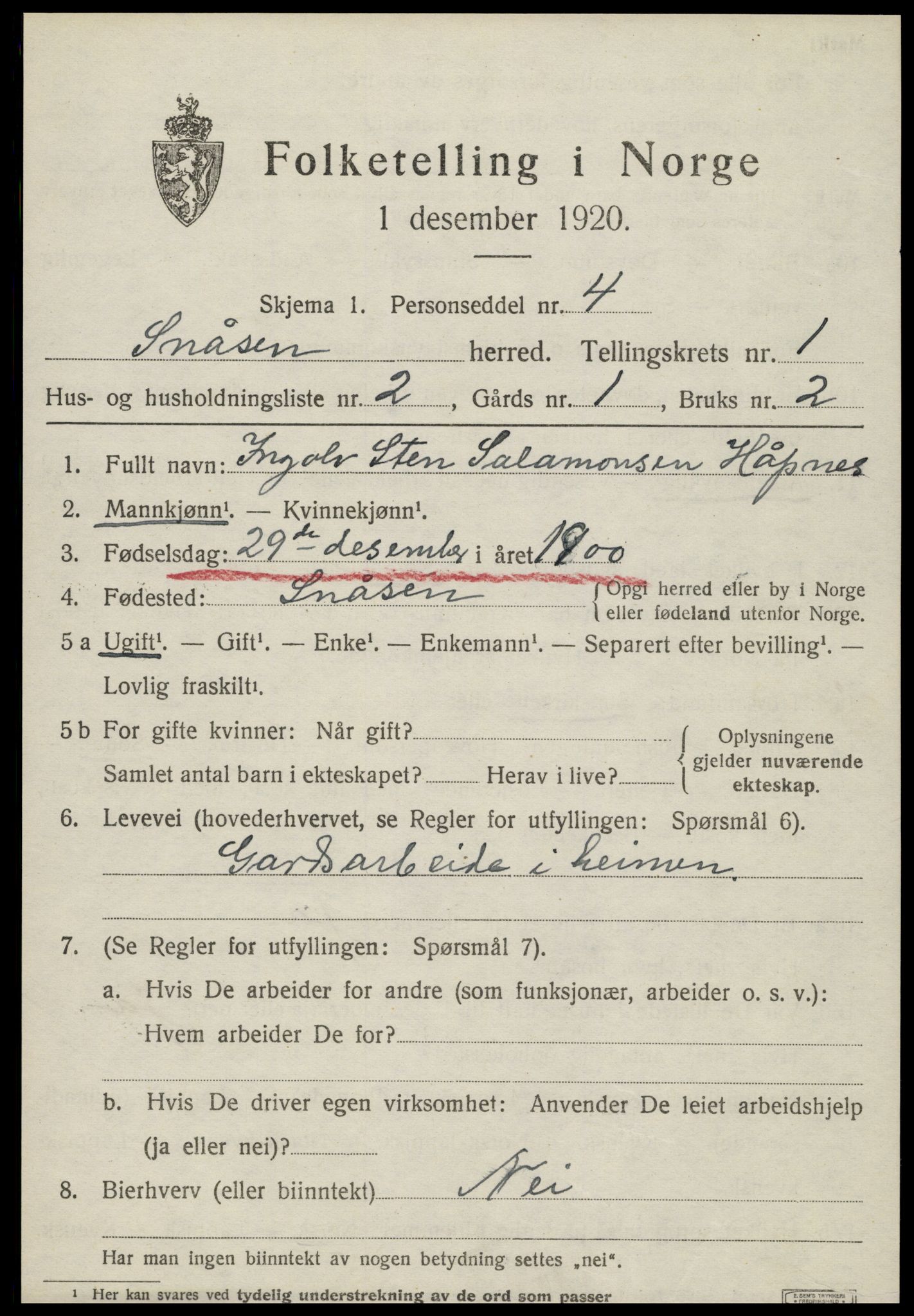 SAT, Folketelling 1920 for 1736 Snåsa herred, 1920, s. 1064