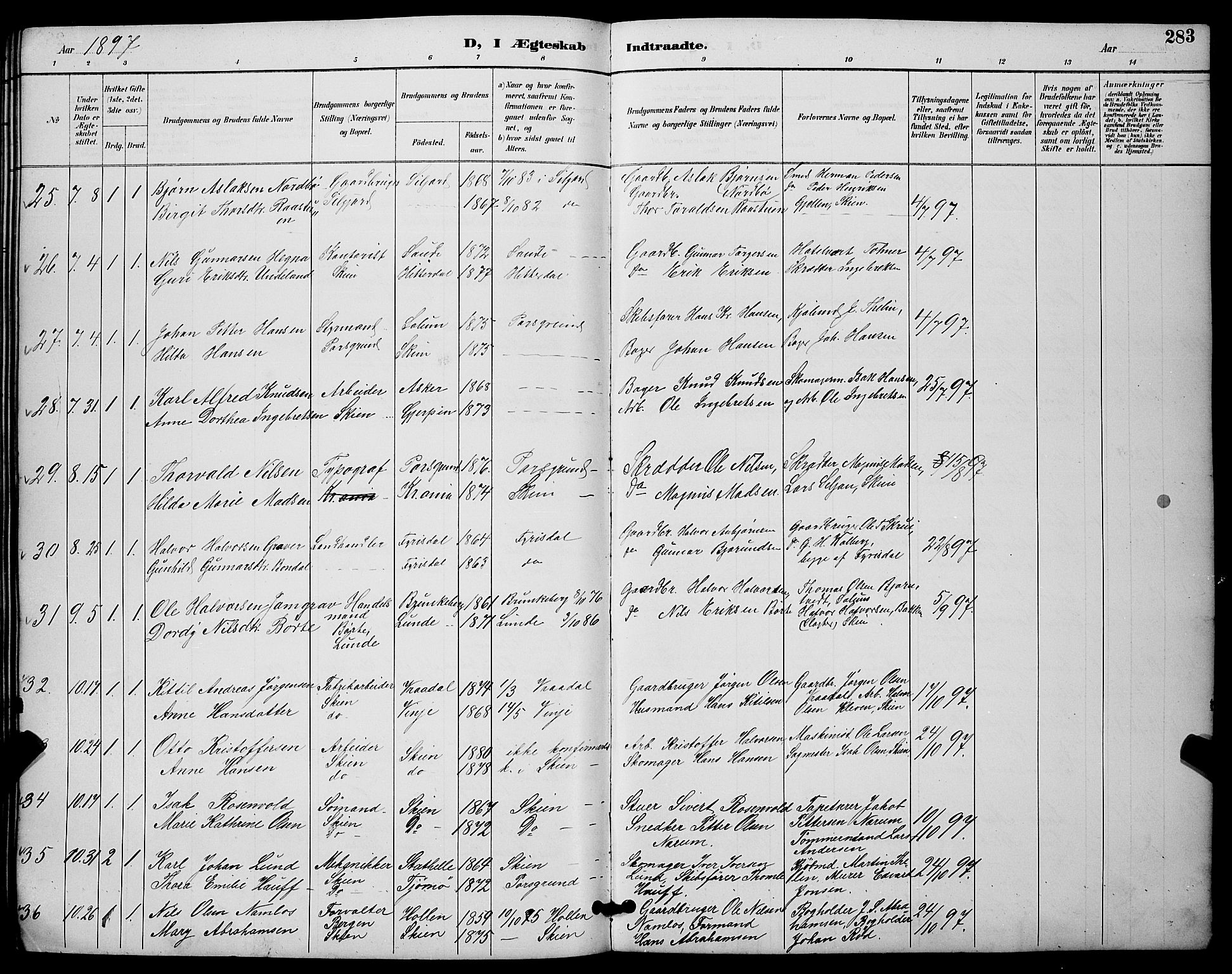 Skien kirkebøker, AV/SAKO-A-302/G/Ga/L0007: Klokkerbok nr. 7, 1891-1900, s. 283