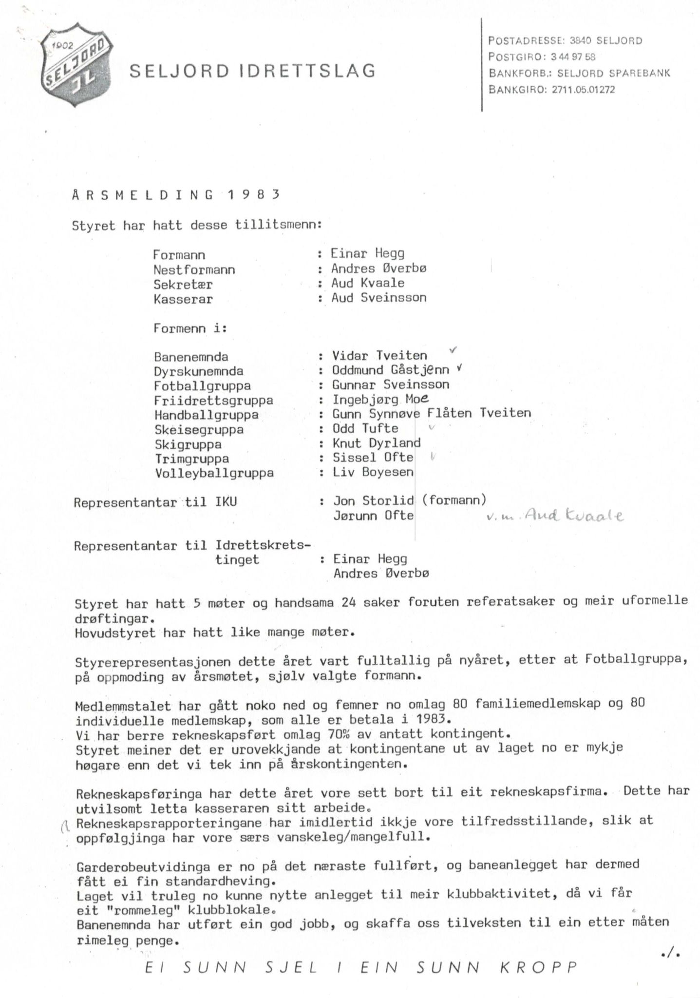 Seljord Idrettslag, VTM/A-1034/A/Ab/L0001: Årsmeldingar, 1983