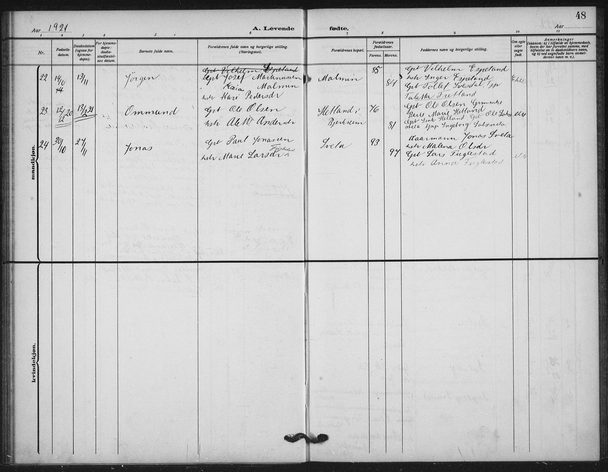 Helleland sokneprestkontor, AV/SAST-A-101810: Ministerialbok nr. A 11, 1909-1922, s. 48