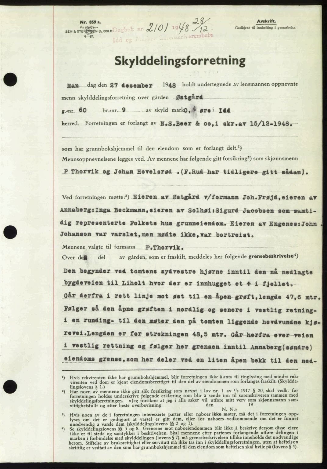 Idd og Marker sorenskriveri, SAO/A-10283/G/Gb/Gbb/L0011: Pantebok nr. A11, 1948-1949, Dagboknr: 2101/1948