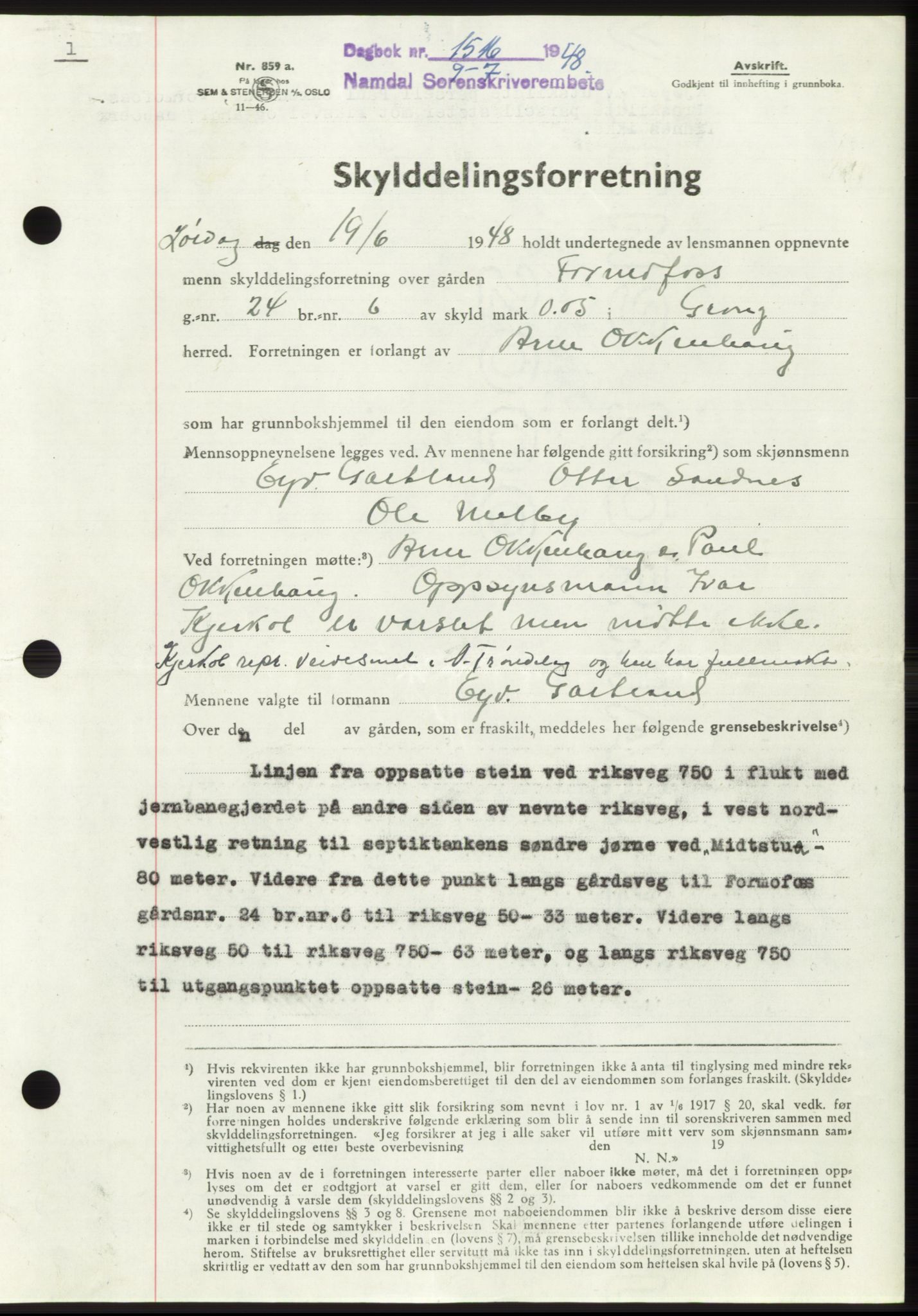 Namdal sorenskriveri, SAT/A-4133/1/2/2C: Pantebok nr. -, 1948-1948, Dagboknr: 1516/1948