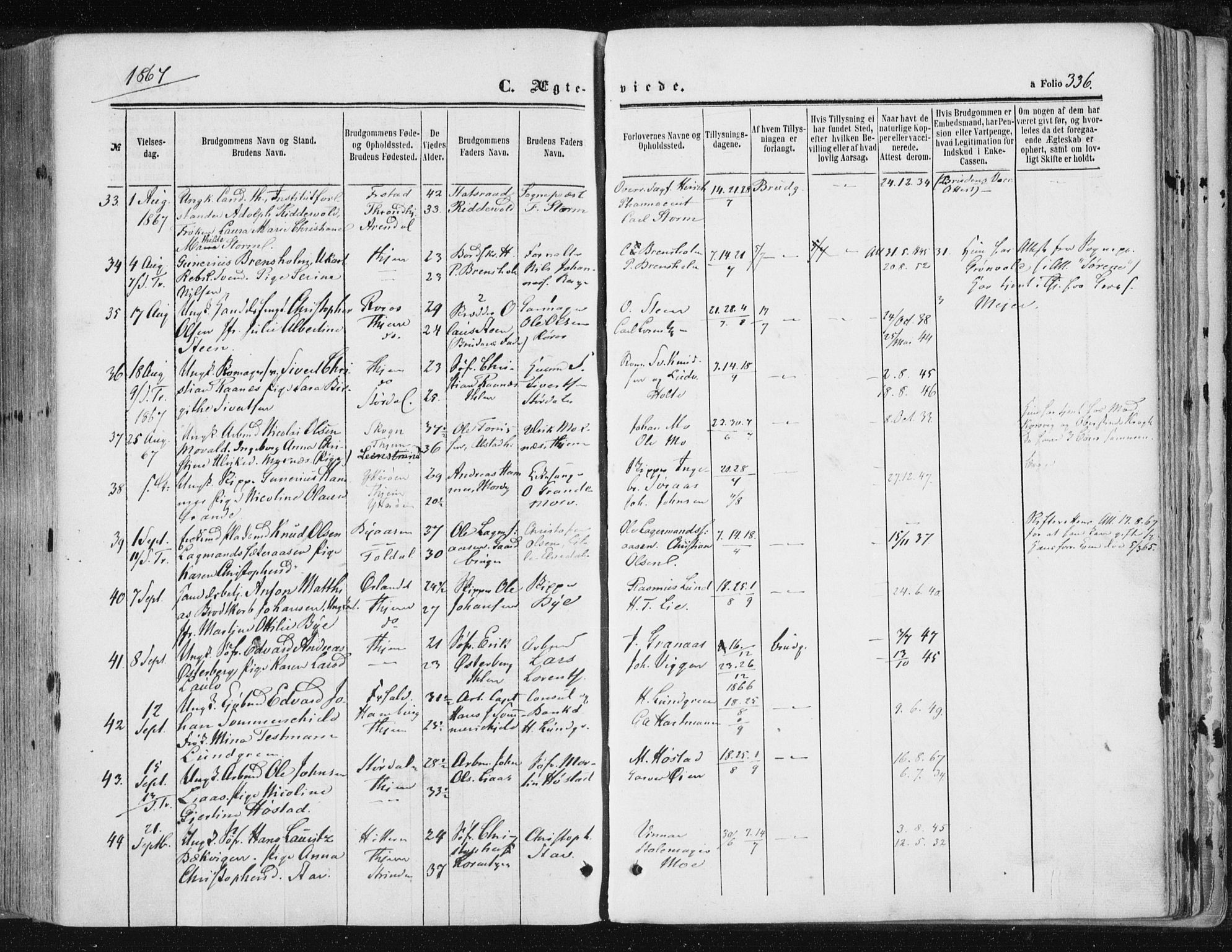 Ministerialprotokoller, klokkerbøker og fødselsregistre - Sør-Trøndelag, SAT/A-1456/602/L0115: Ministerialbok nr. 602A13, 1860-1872, s. 336