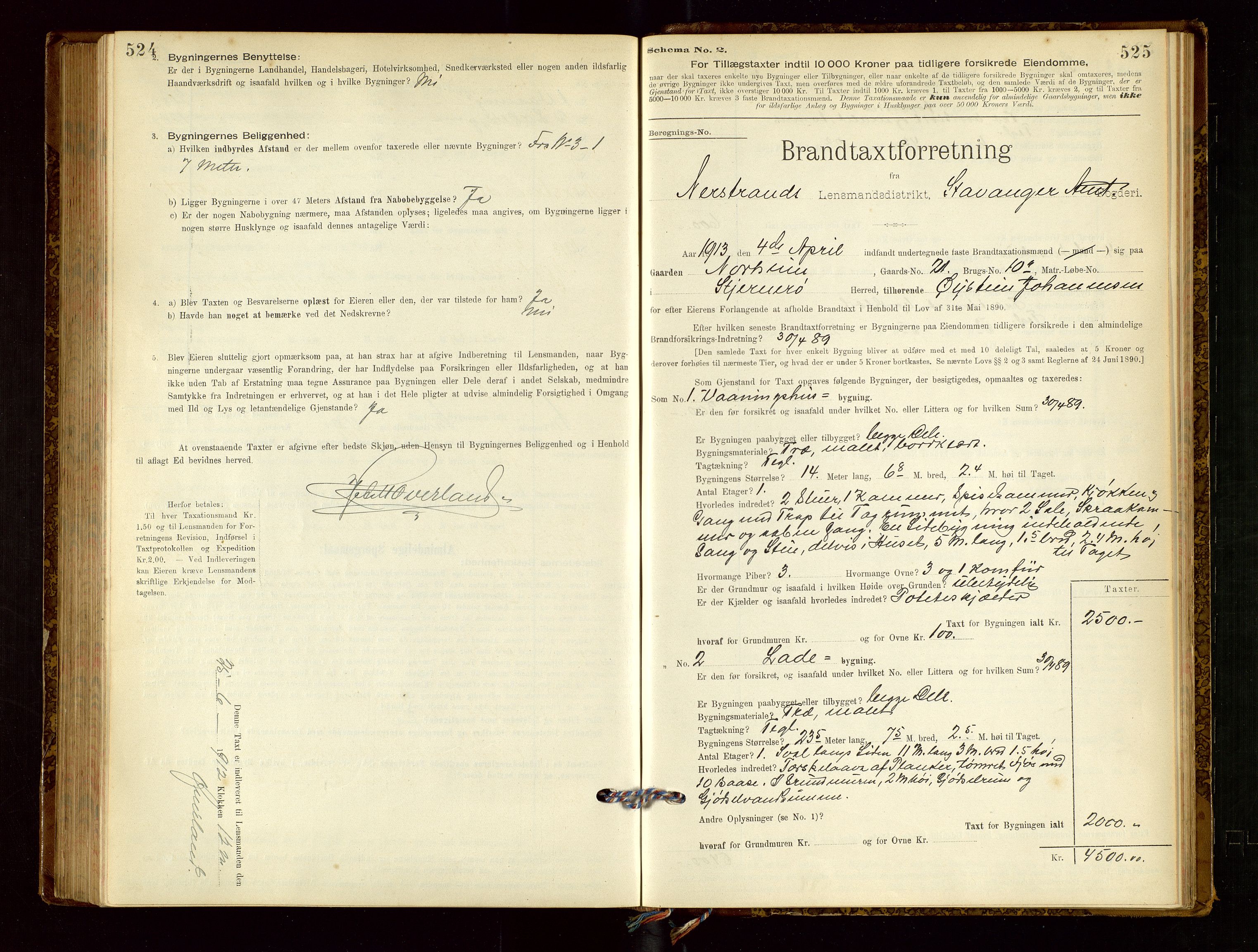 Nedstrand lensmannskontor, AV/SAST-A-100236/Gob/L0001: "Brandtaxationsprotokol for Nerstrand Lensmandsdistrikt Ryfylke fogderi", 1895-1915, s. 524-525