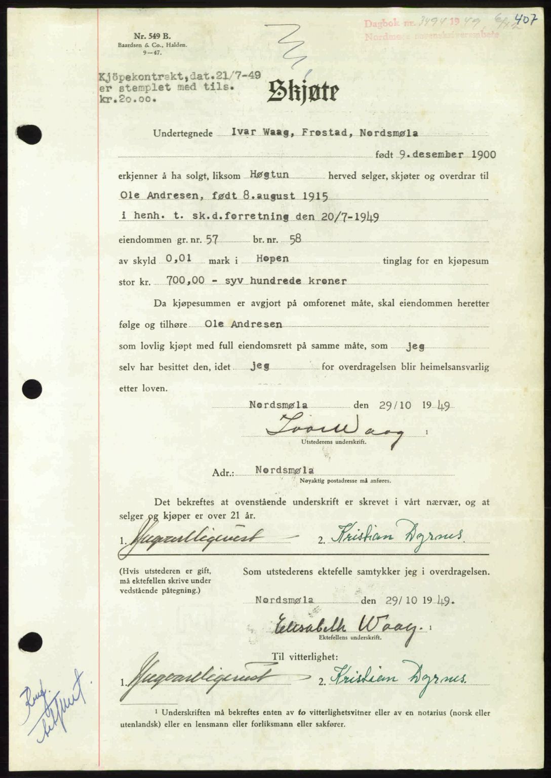 Nordmøre sorenskriveri, AV/SAT-A-4132/1/2/2Ca: Pantebok nr. A113, 1949-1950, Dagboknr: 3494/1949