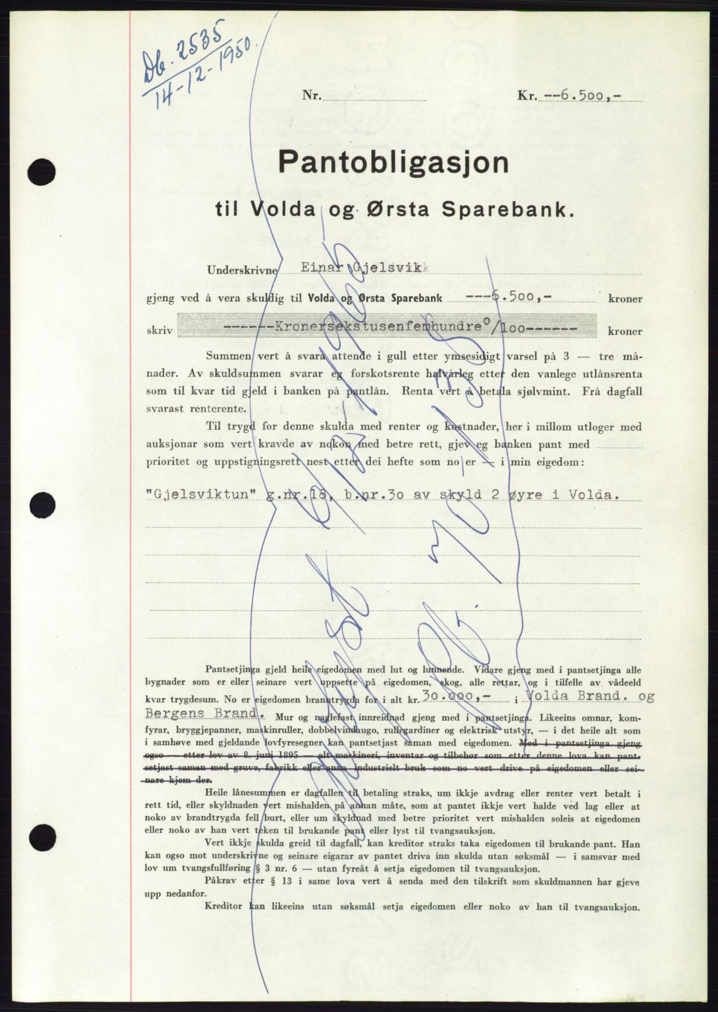 Søre Sunnmøre sorenskriveri, AV/SAT-A-4122/1/2/2C/L0119: Pantebok nr. 7B, 1950-1951, Dagboknr: 2535/1950