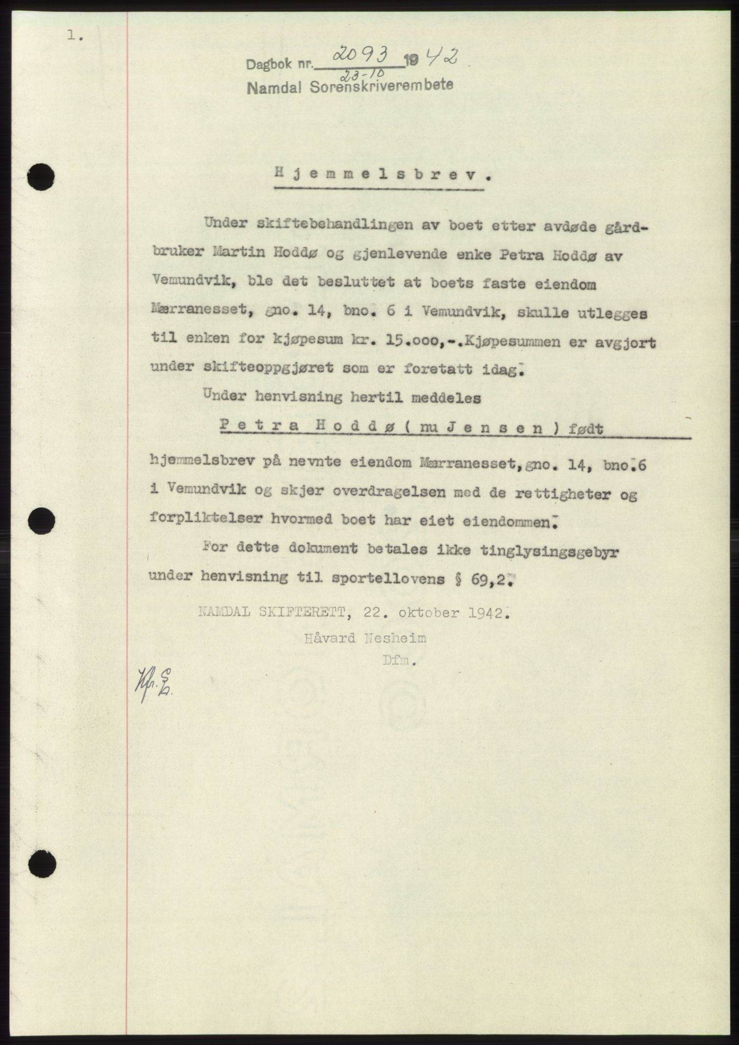 Namdal sorenskriveri, SAT/A-4133/1/2/2C: Pantebok nr. -, 1942-1943, Dagboknr: 2093/1942