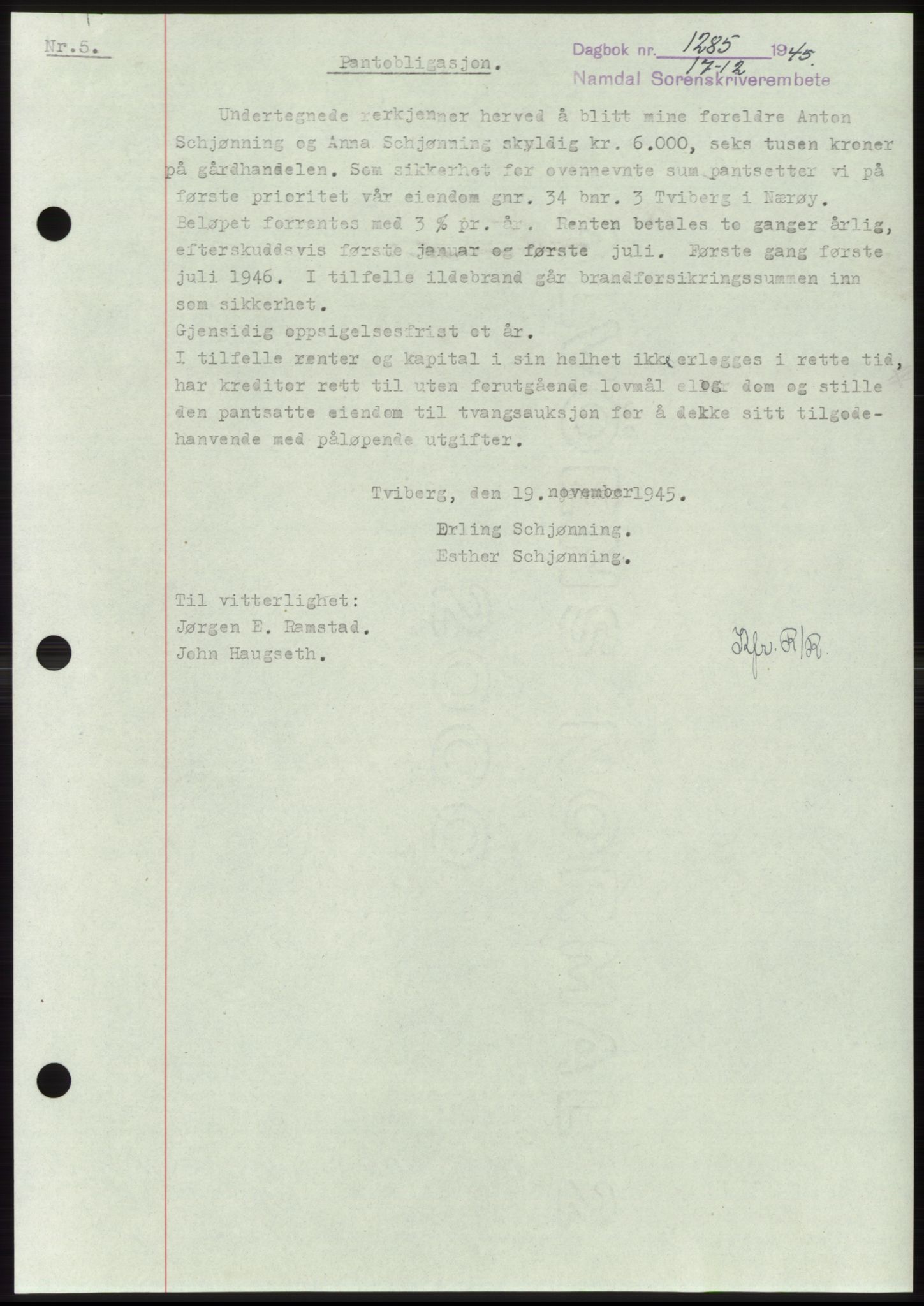 Namdal sorenskriveri, SAT/A-4133/1/2/2C: Pantebok nr. -, 1944-1945, Dagboknr: 1285/1945
