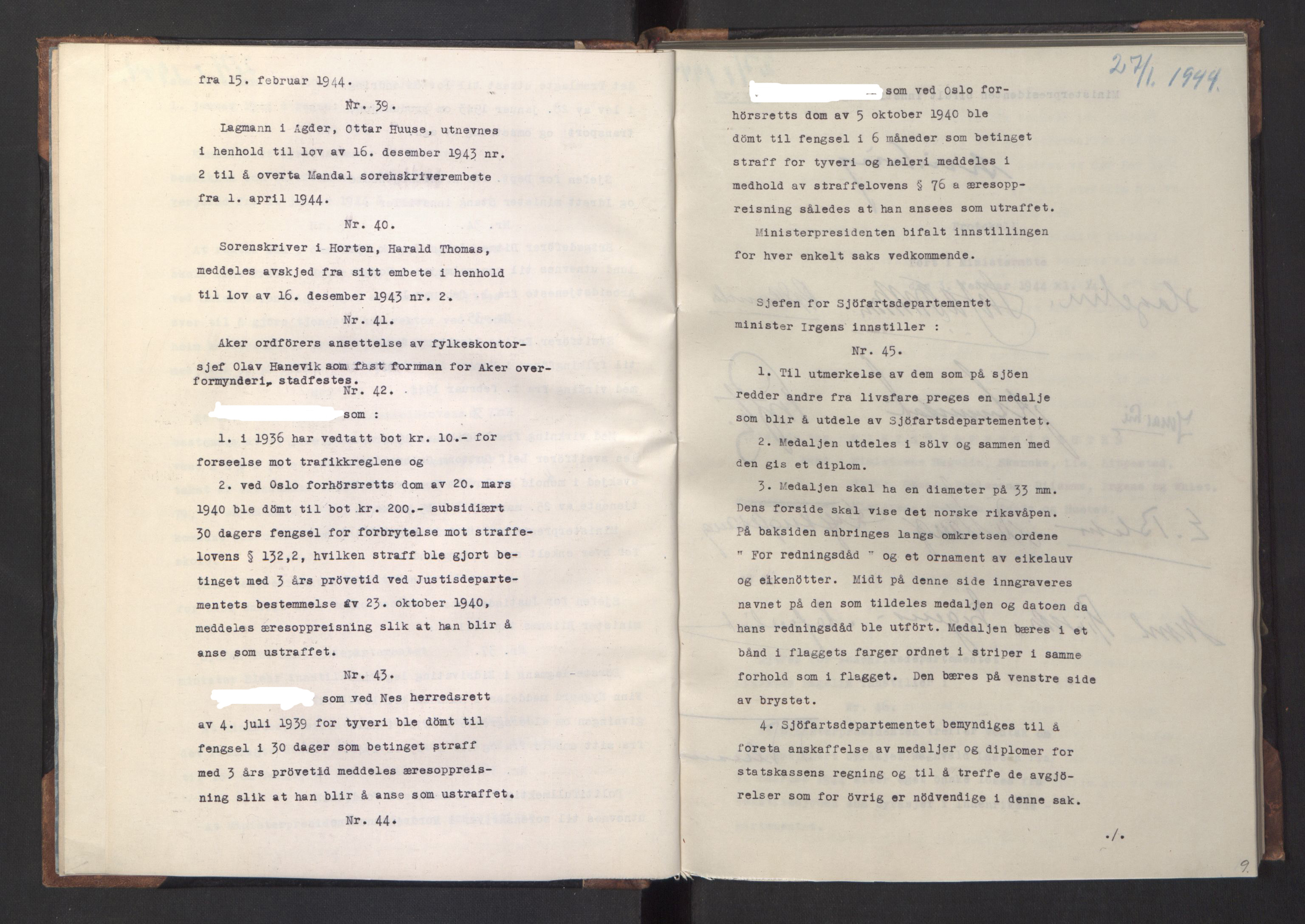NS-administrasjonen 1940-1945 (Statsrådsekretariatet, de kommisariske statsråder mm), RA/S-4279/D/Da/L0005: Protokoll fra ministermøter, 1944, s. 11