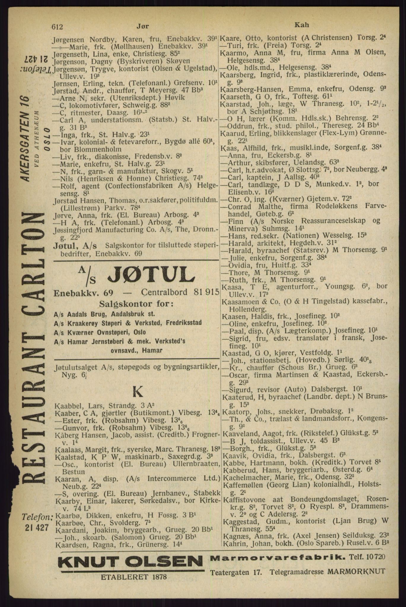 Kristiania/Oslo adressebok, PUBL/-, 1927, s. 612