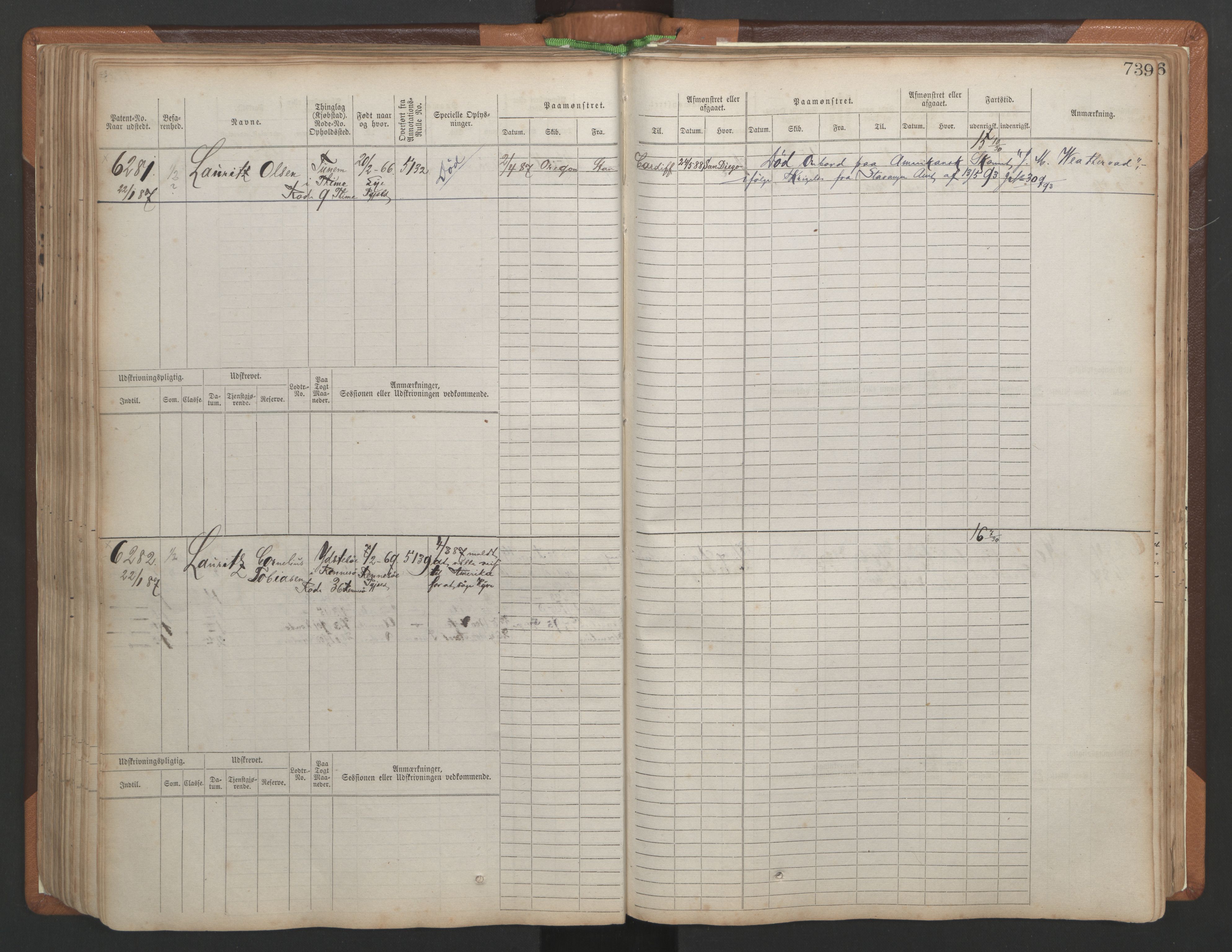 Stavanger sjømannskontor, AV/SAST-A-102006/F/Fb/Fbb/L0010: Sjøfartshovedrulle, patentnr. 6007-6606 (del 1), 1887-1896, s. 143