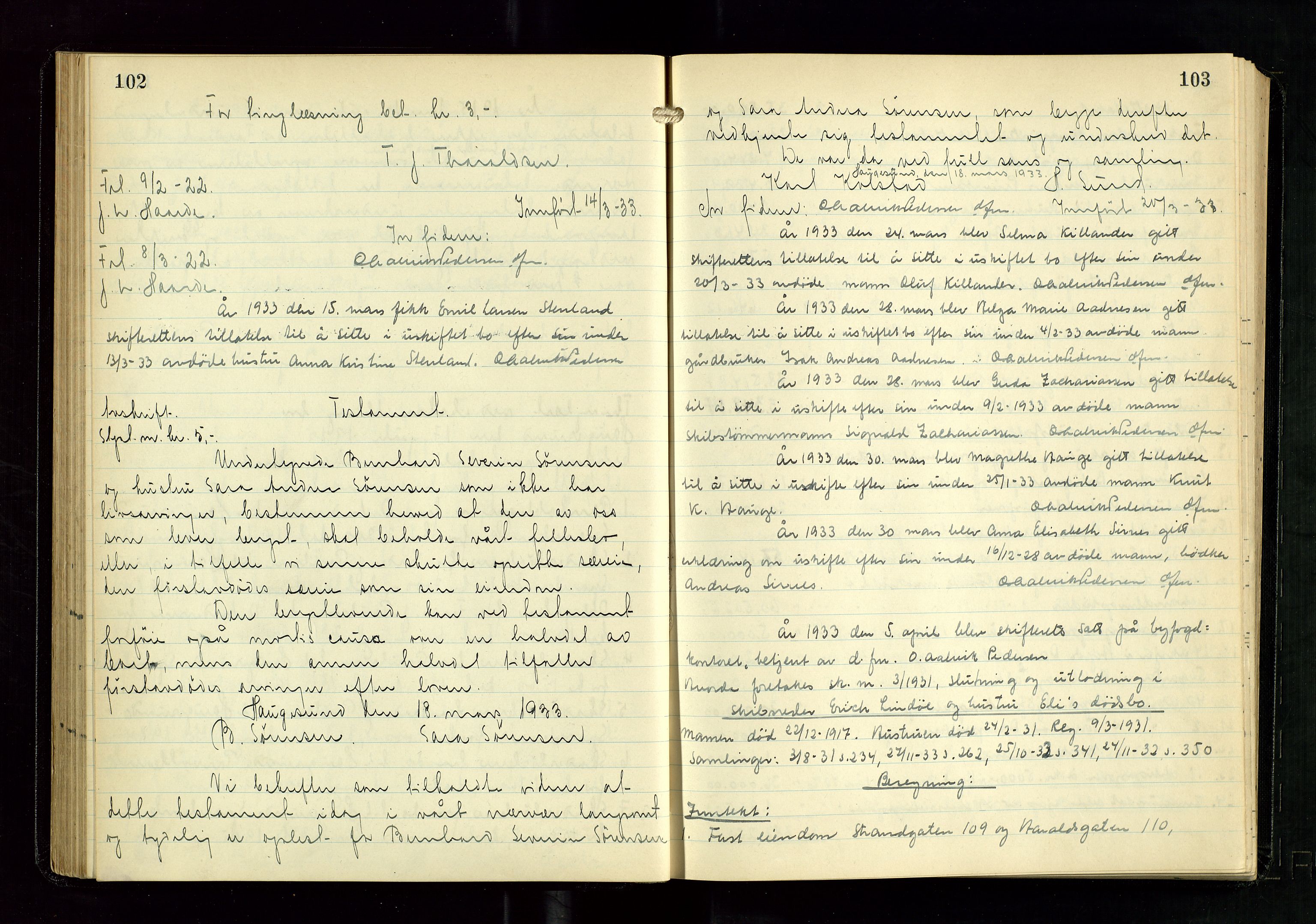 Haugesund tingrett, AV/SAST-A-101415/01/IV/IVD/L0005: Skifteutlodningsprotokoll, med register, 1931-1937, s. 102-103