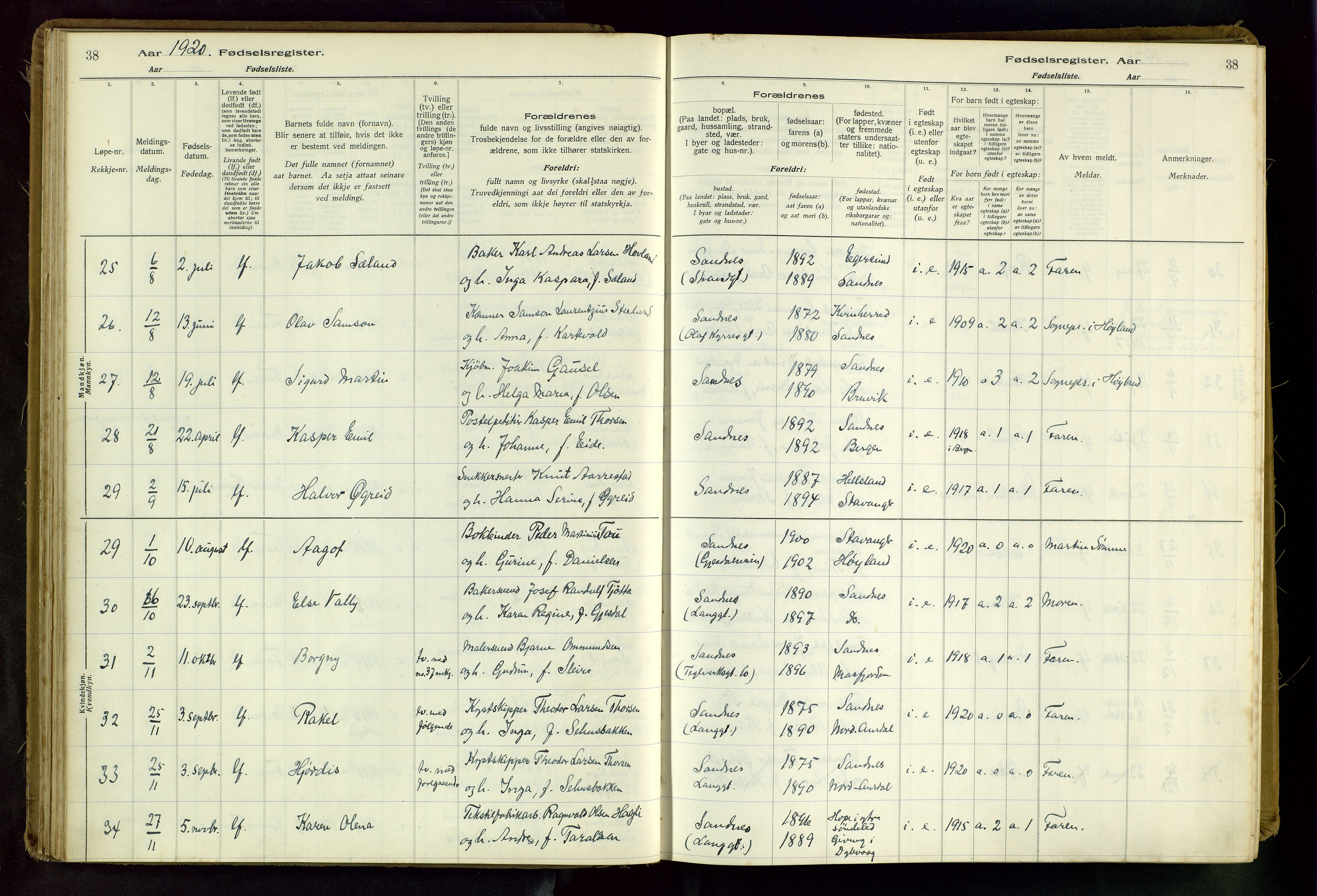 Sandnes sokneprestkontor, AV/SAST-A-101800/704BA/L0001: Fødselsregister nr. 1, 1916-1942, s. 38