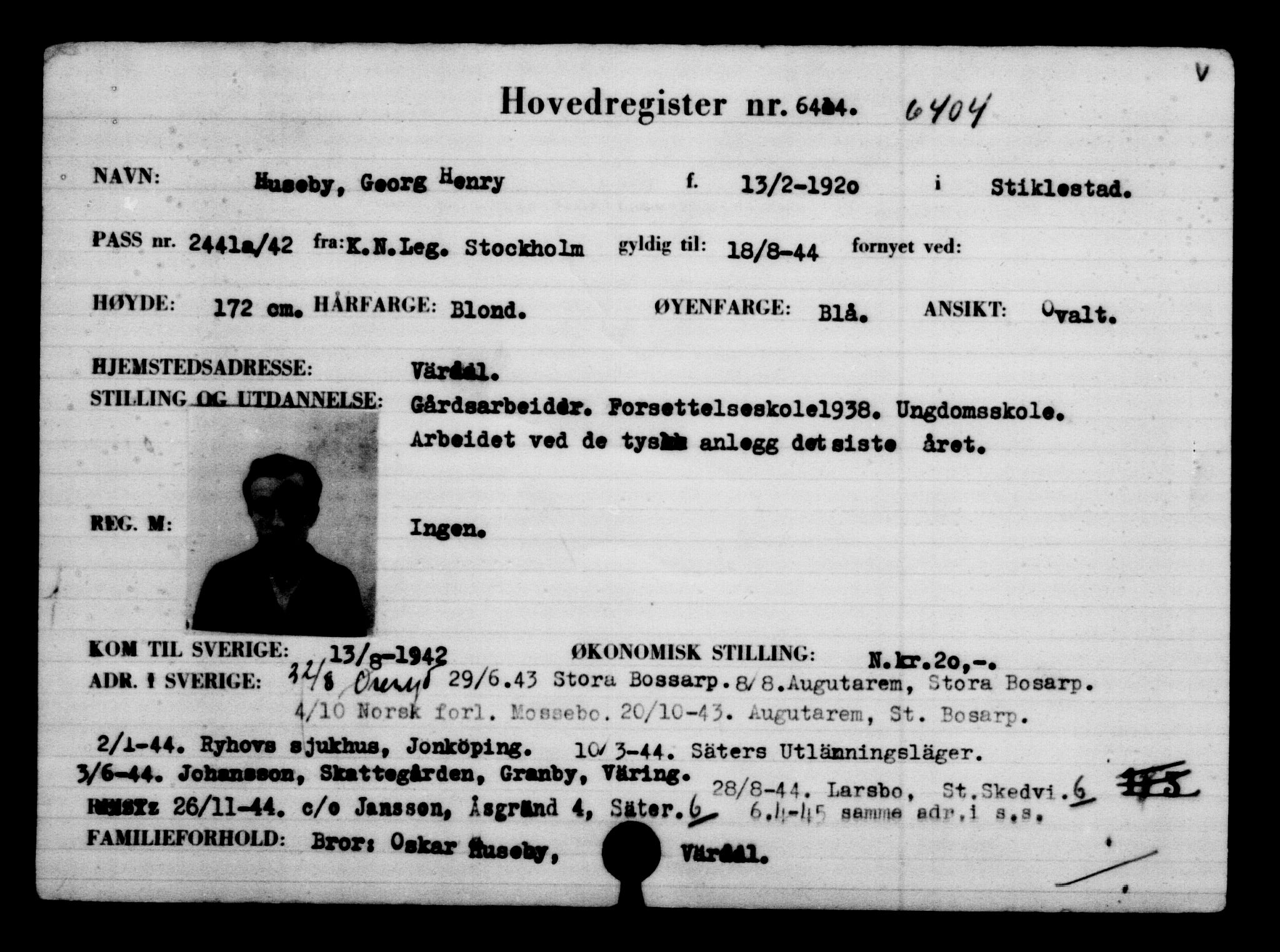 Utenriksstasjonene, Legasjonen i Stockholm, Flyktningkontoret, AV/RA-S-6753/V/Va/L0004: Kjesäterkartoteket, flyktninger med registreringsnr. 3496-6610, 1940-1945, s. 3439