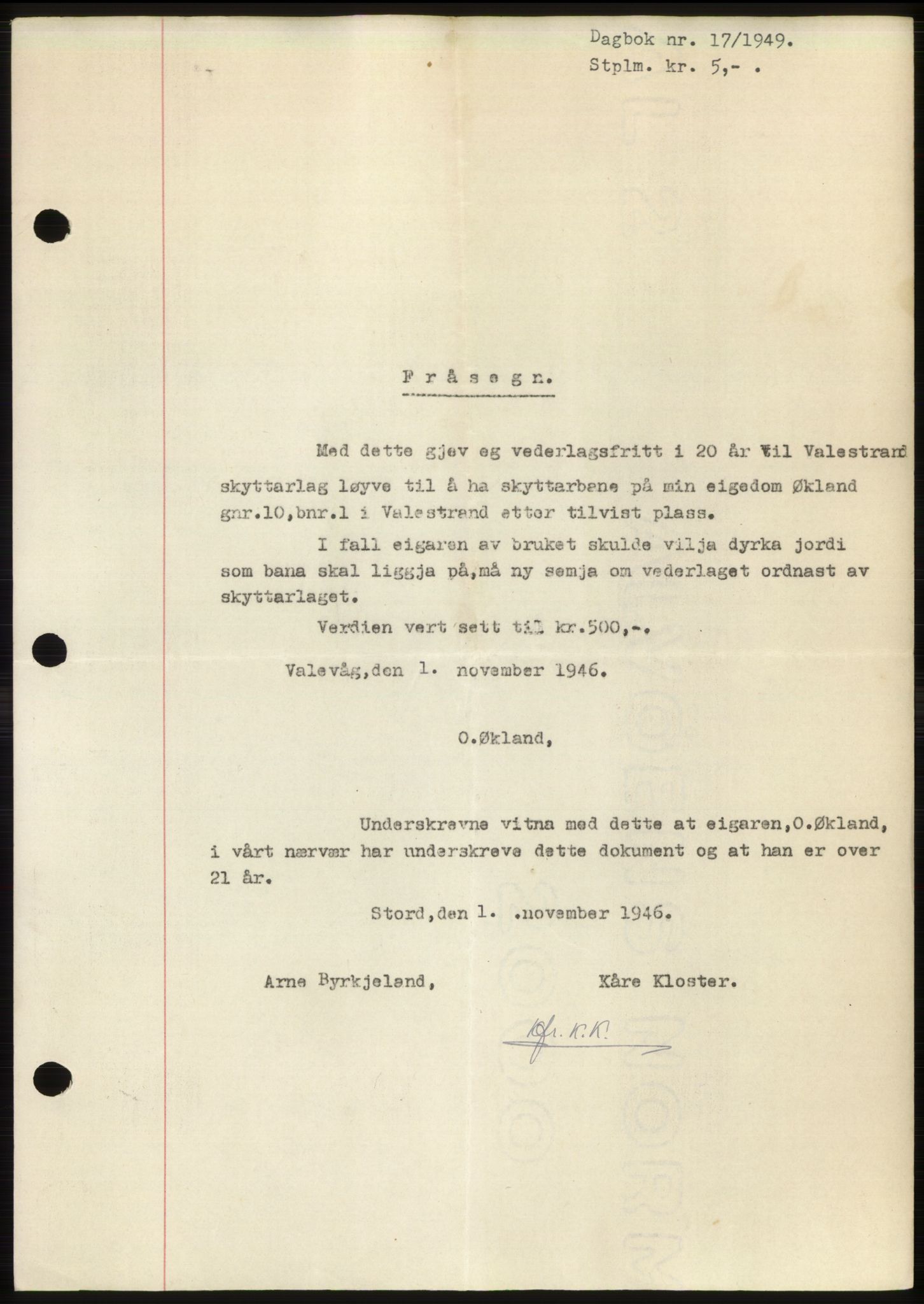 Sunnhordland sorenskrivar, AV/SAB-A-2401: Pantebok nr. B75-79, 1948-1950, Dagboknr: 17/1949