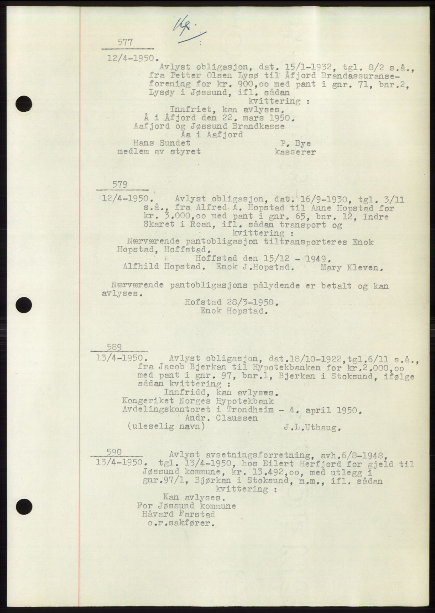 Fosen sorenskriveri, AV/SAT-A-1107/1/2/2C: Pantebok nr. B3, 1948-1950, Dagboknr: 577/1950