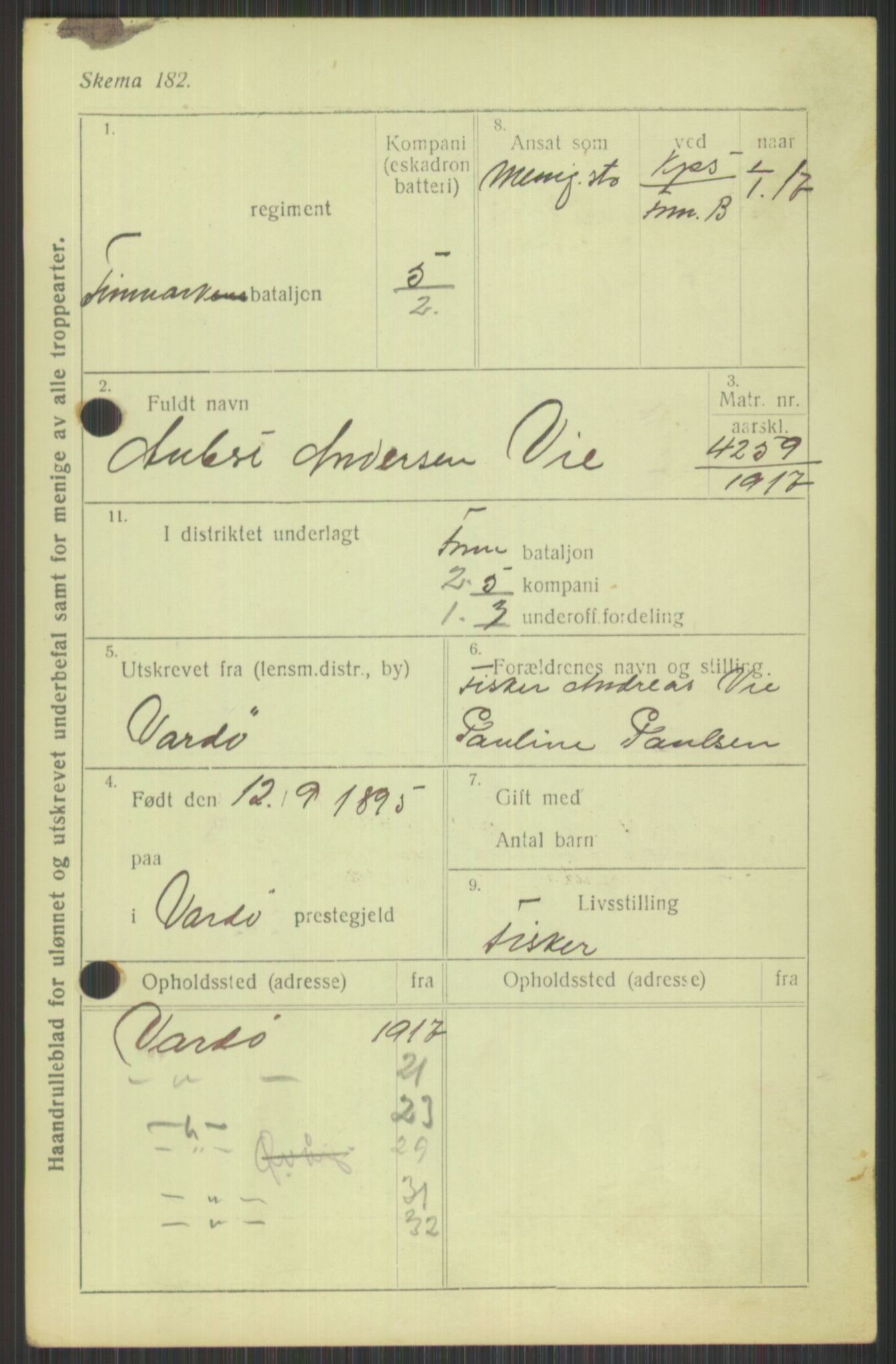 Forsvaret, Varanger bataljon, AV/RA-RAFA-2258/1/D/L0440: Rulleblad for fødte 1892-1912, 1892-1912, s. 63