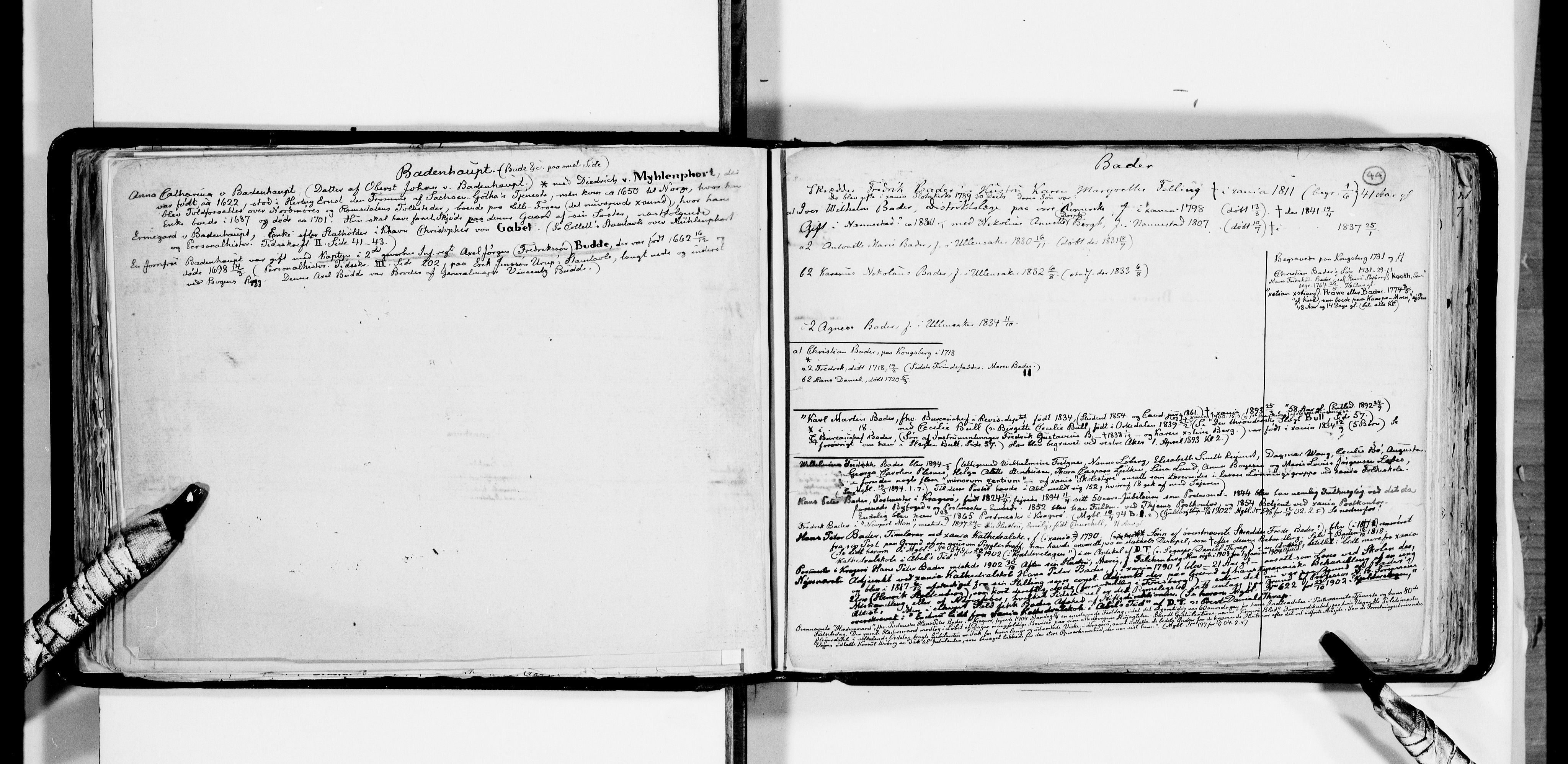 Lassens samlinger, AV/RA-PA-0051/F/Fa/L0004: Personalhistoriske og genealogiske opptegnelser: Baad - Bellyn, 1500-1907