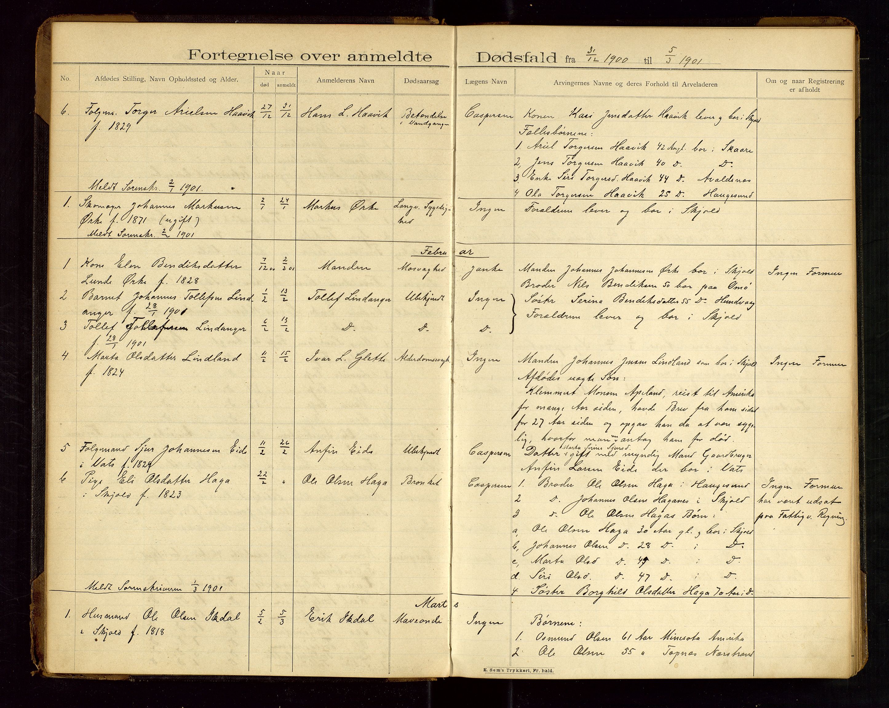 Skjold lensmannskontor, AV/SAST-A-100182/Gga/L0002: "Fortegnelse over anmeldte Dødsfald i Skjolds Lensmandsdistrikt", 1900-1912