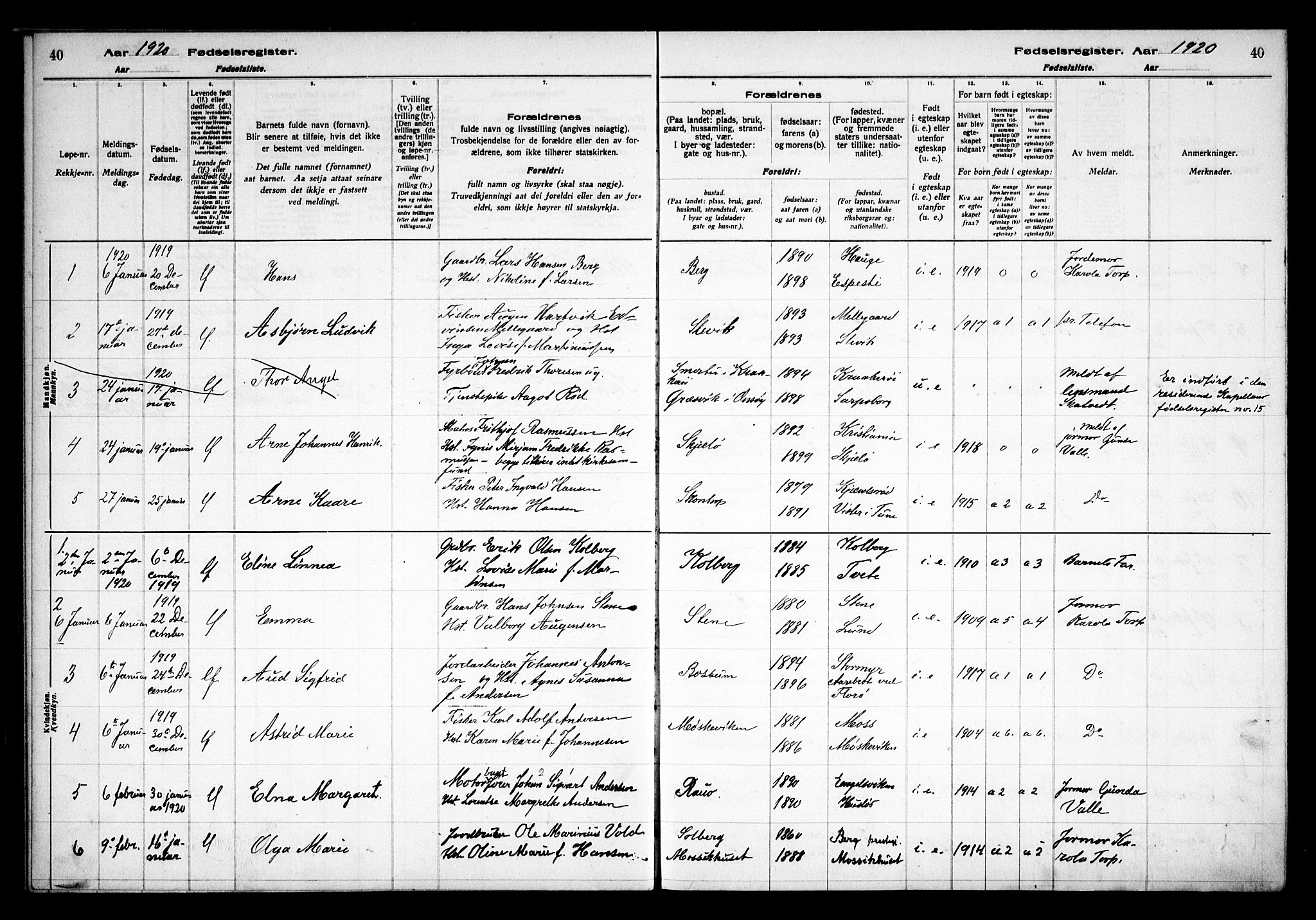 Onsøy prestekontor Kirkebøker, SAO/A-10914/J/Ja/L0001: Fødselsregister nr. I 1, 1916-1937, s. 40