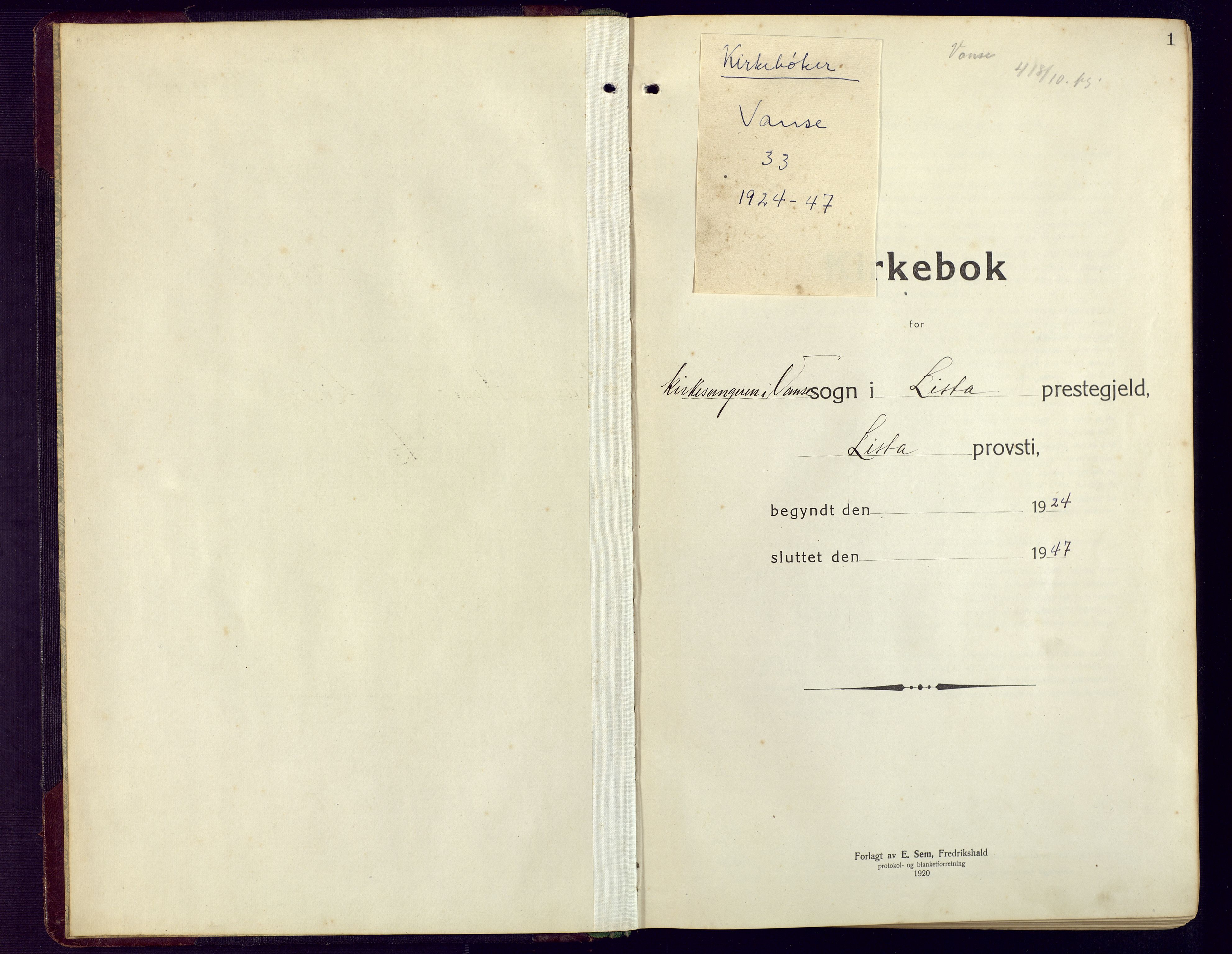 Lista sokneprestkontor, AV/SAK-1111-0027/F/Fb/L0006: Klokkerbok nr. B 6, 1924-1947, s. 1