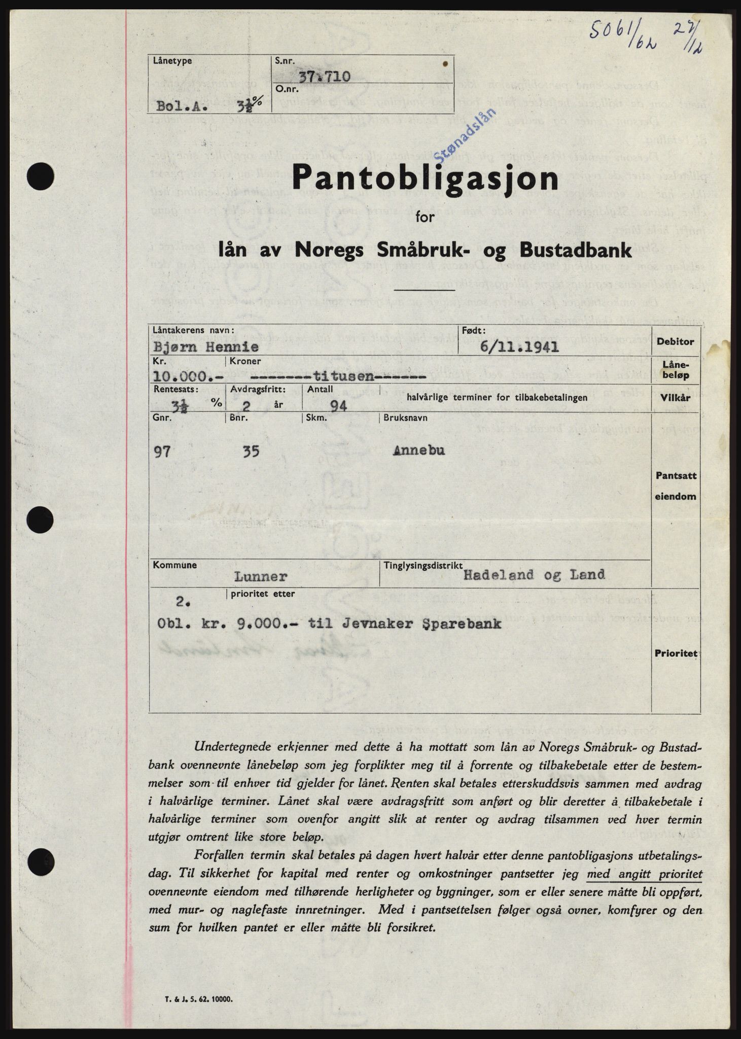 Hadeland og Land tingrett, SAH/TING-010/H/Hb/Hbc/L0050: Pantebok nr. B50, 1962-1963, Dagboknr: 5061/1962