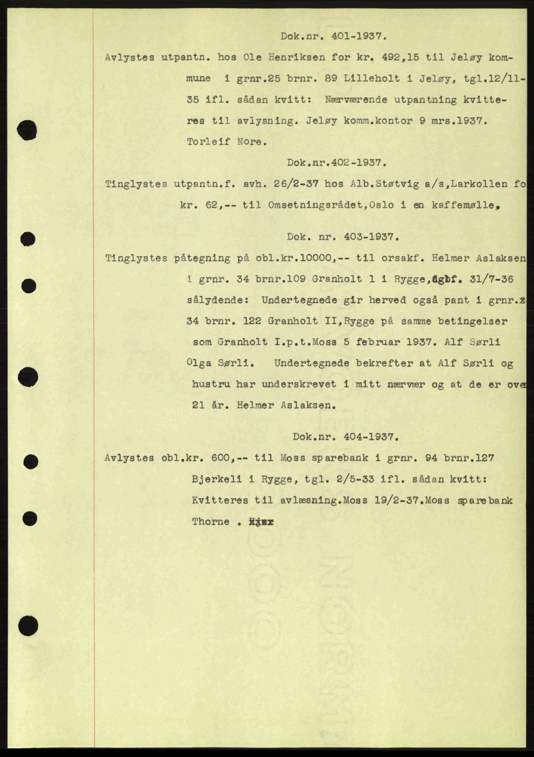 Moss sorenskriveri, SAO/A-10168: Pantebok nr. B3, 1937-1937, Dagboknr: 401/1937