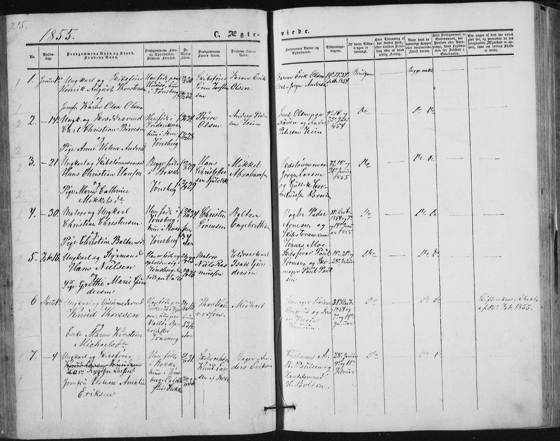 Tønsberg kirkebøker, AV/SAKO-A-330/F/Fa/L0008: Ministerialbok nr. I 8, 1855-1864, s. 215
