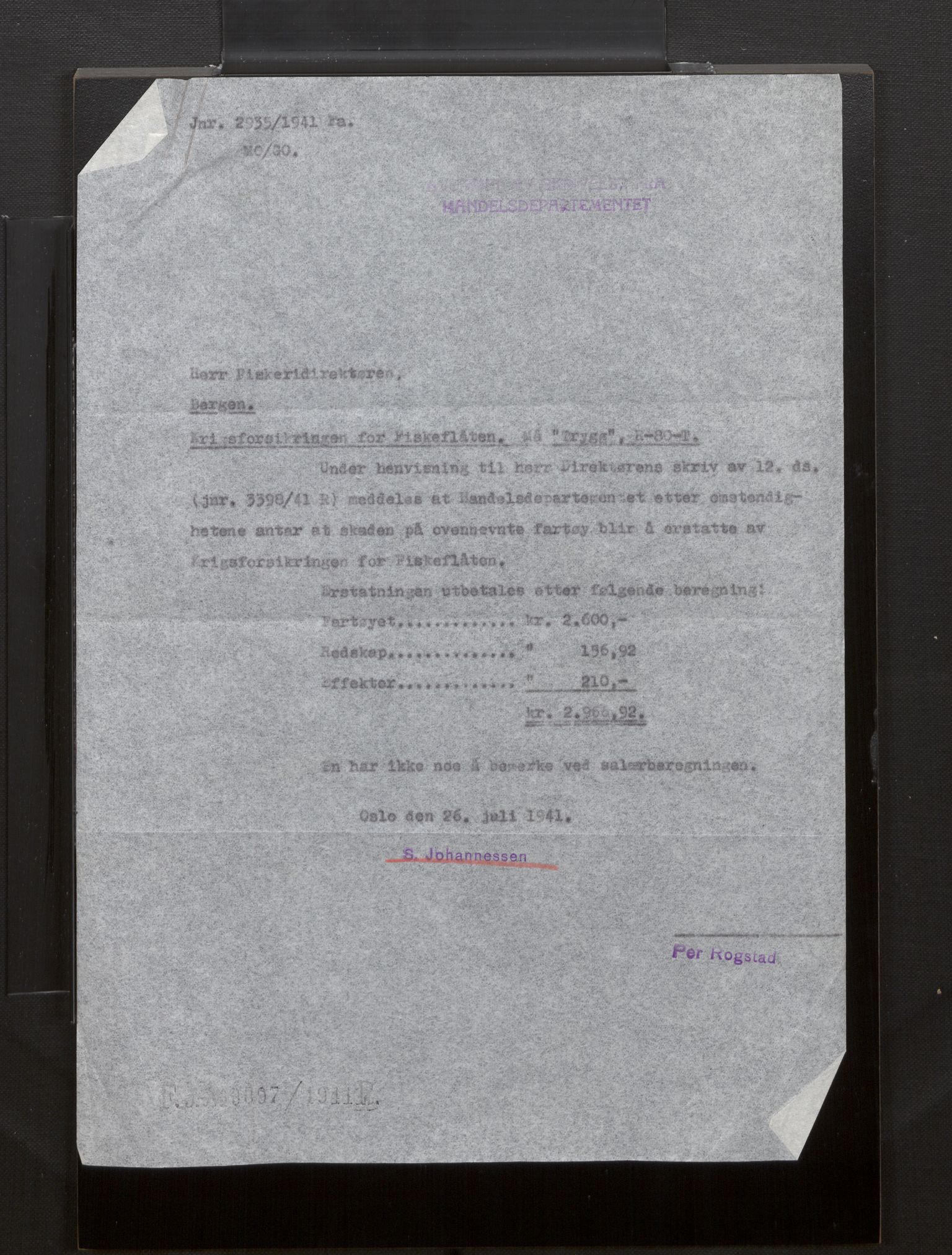 Fiskeridirektoratet - 1 Adm. ledelse - 13 Båtkontoret, AV/SAB-A-2003/La/L0008: Statens krigsforsikring for fiskeflåten, 1936-1971, s. 363