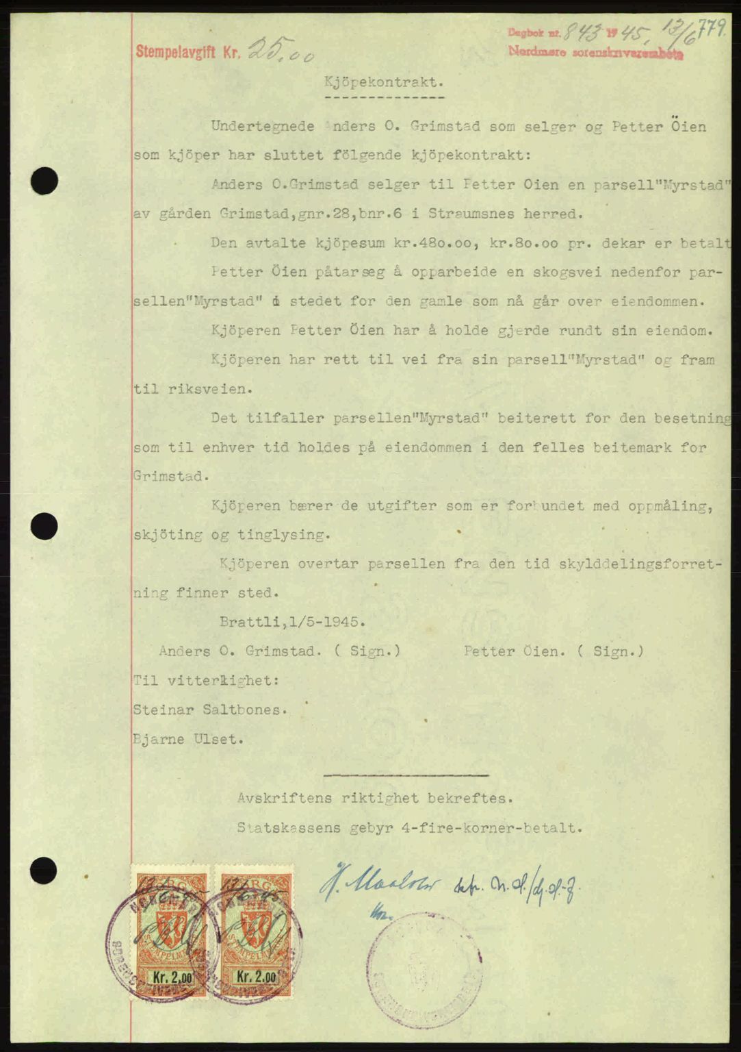 Nordmøre sorenskriveri, AV/SAT-A-4132/1/2/2Ca: Pantebok nr. B92, 1944-1945, Dagboknr: 843/1945