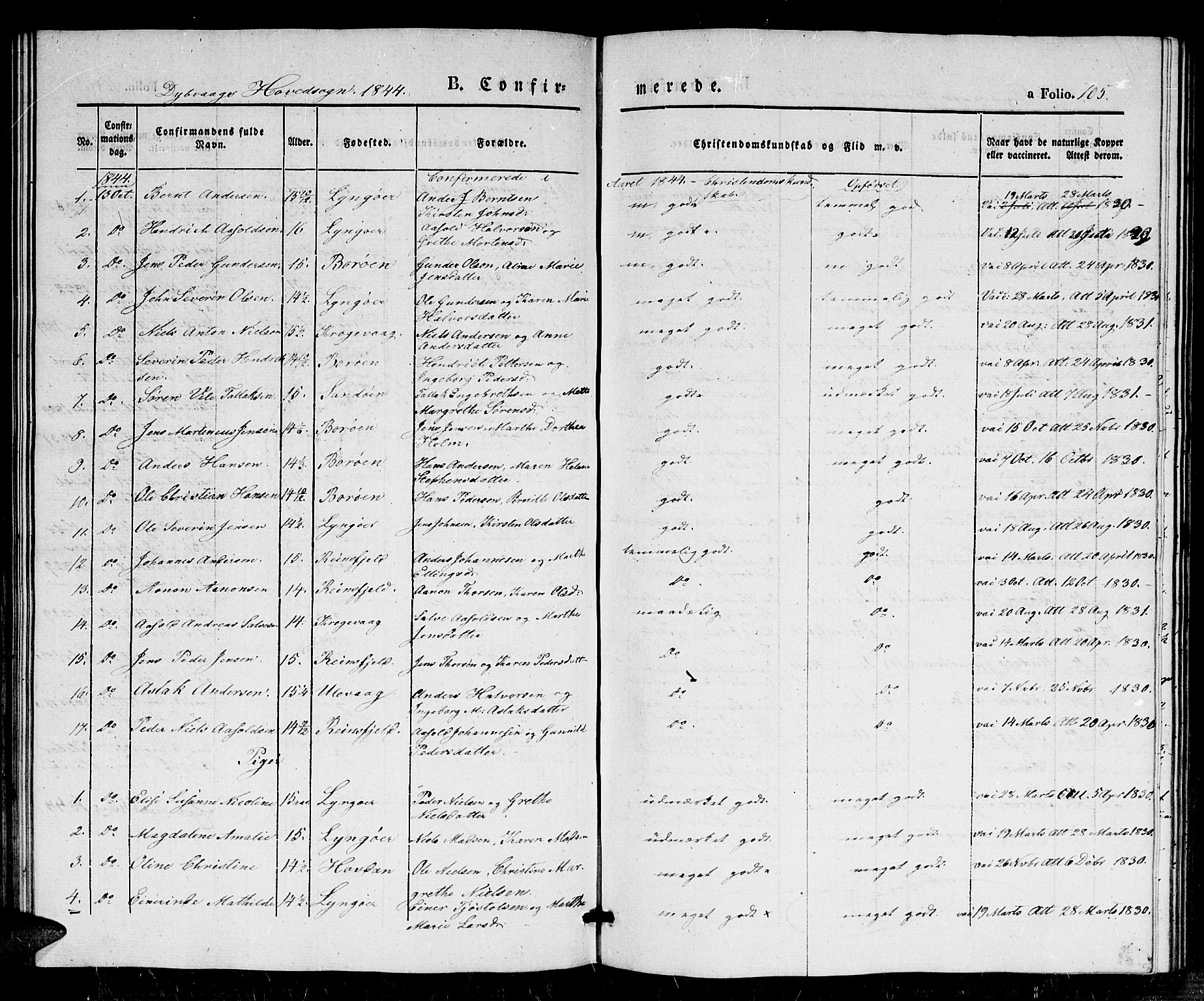 Dypvåg sokneprestkontor, SAK/1111-0007/F/Fb/Fba/L0010: Klokkerbok nr. B 10, 1842-1857, s. 105